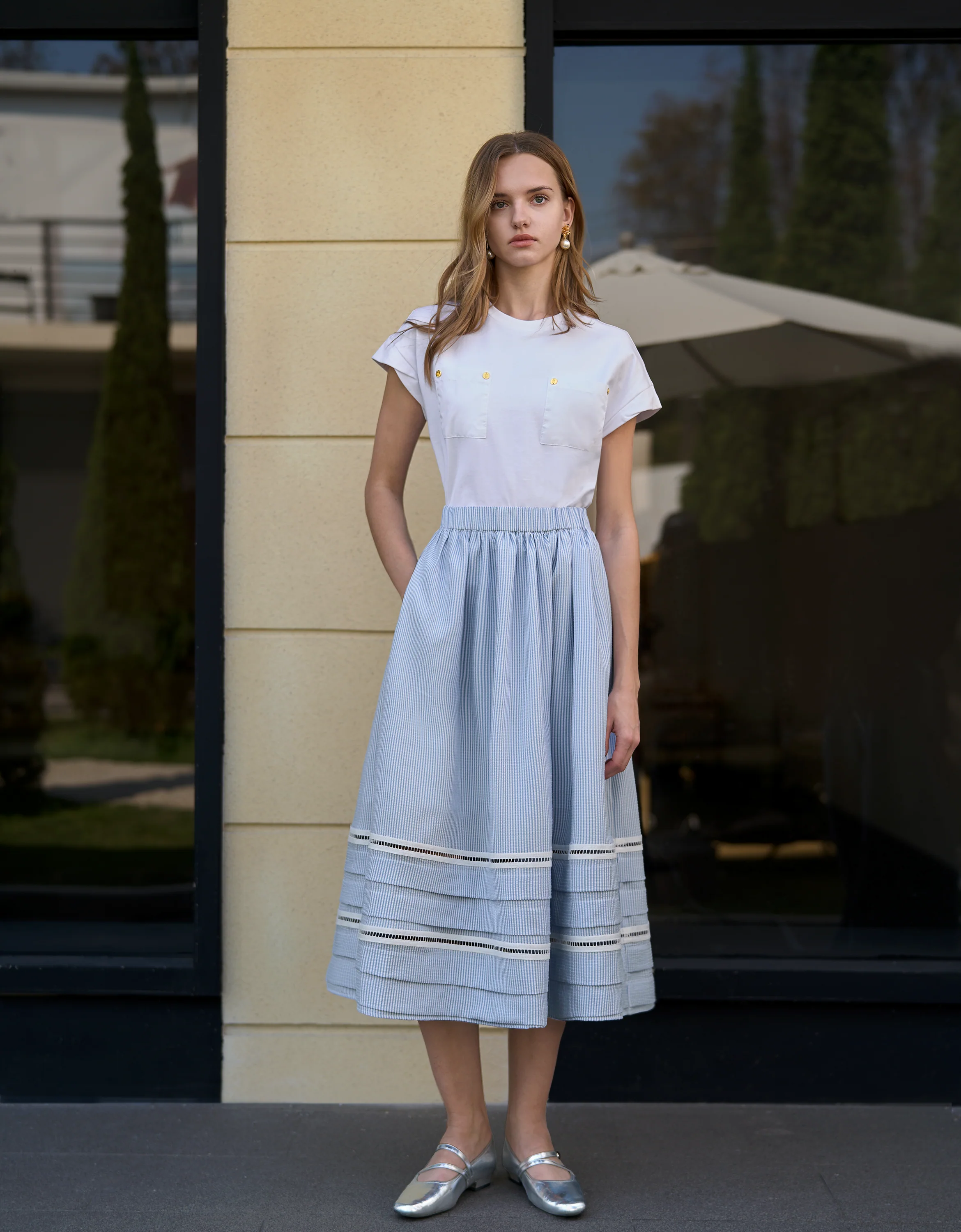 Lace Insert Striped Midi Skirt - Image 5
