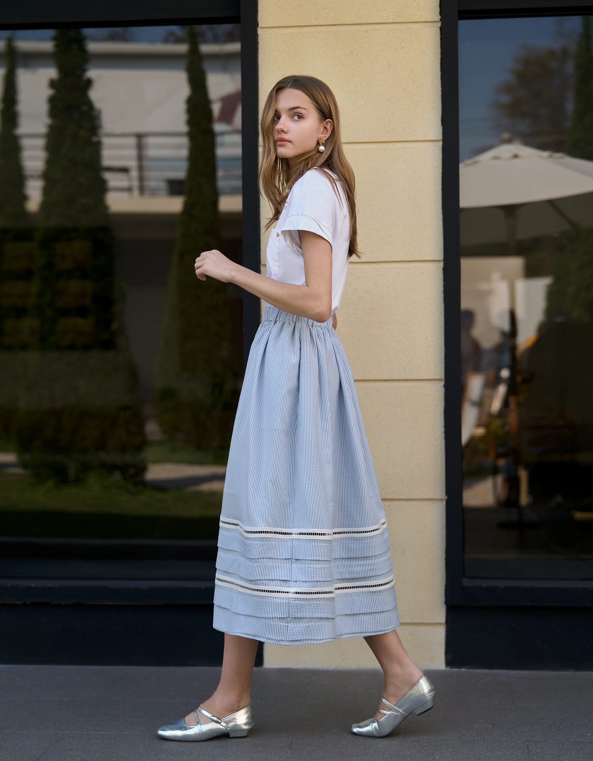 Lace Insert Striped Midi Skirt - Image 6