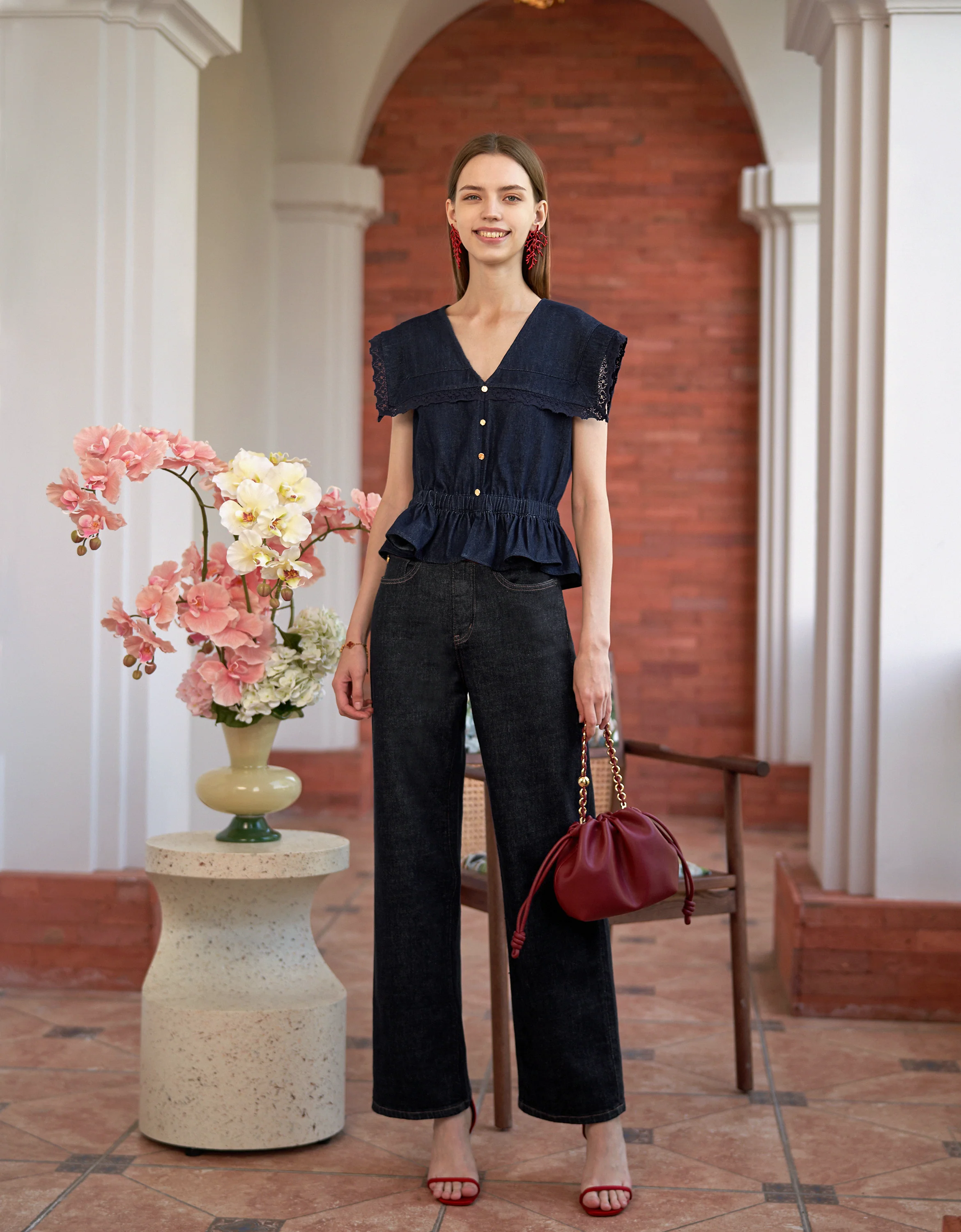 Lace Trim Ruffled Hem Denim Top