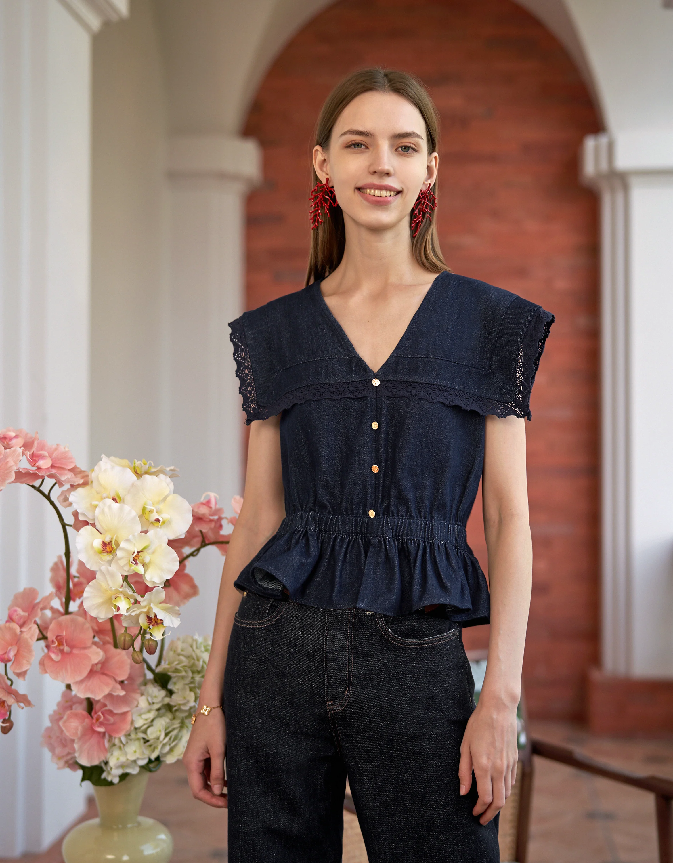 Lace Trim Ruffled Hem Denim Top - Image 2