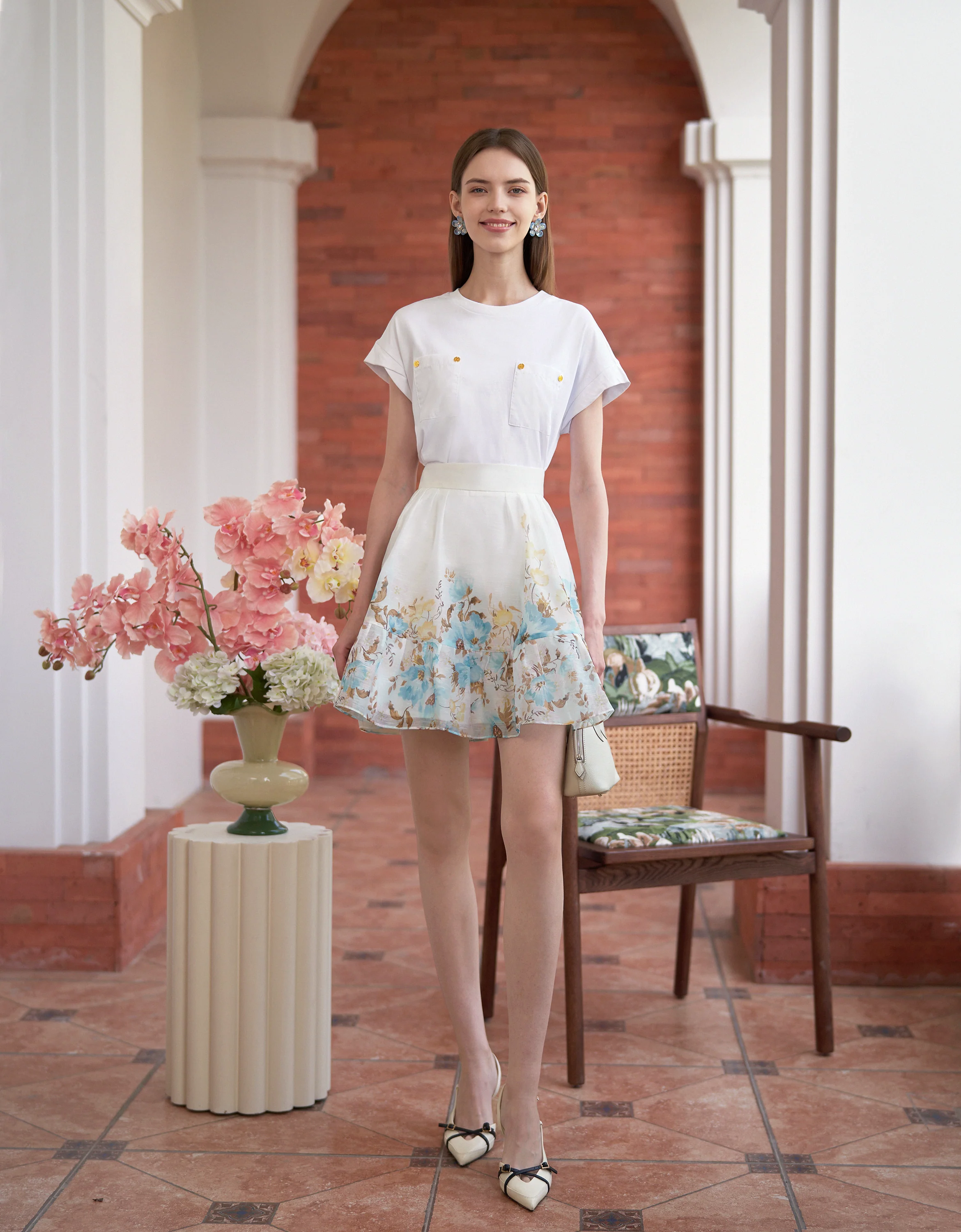 Lace Trim Ruffled Hem Floral Skirt - Image 2