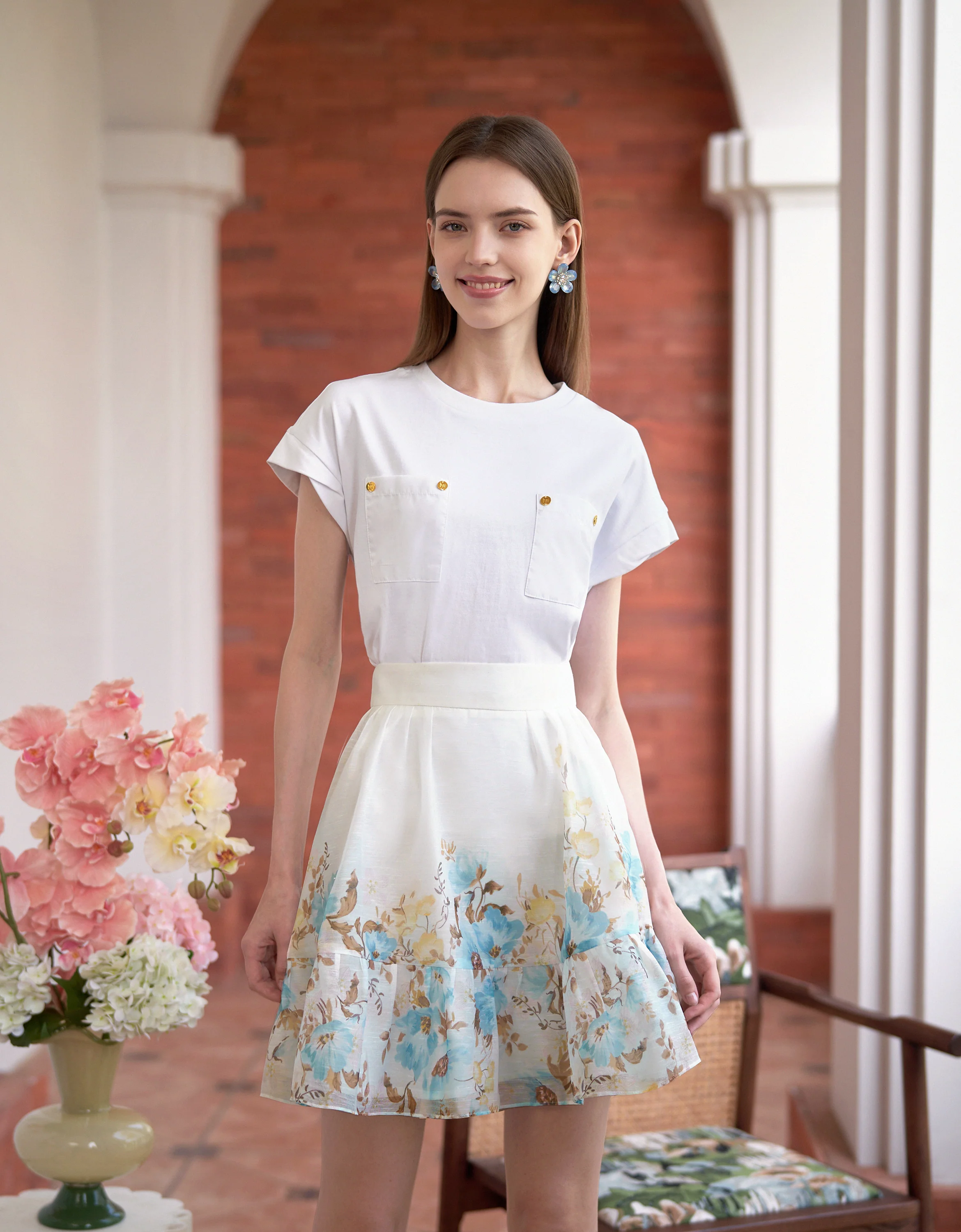 Lace Trim Ruffled Hem Floral Skirt - Image 3