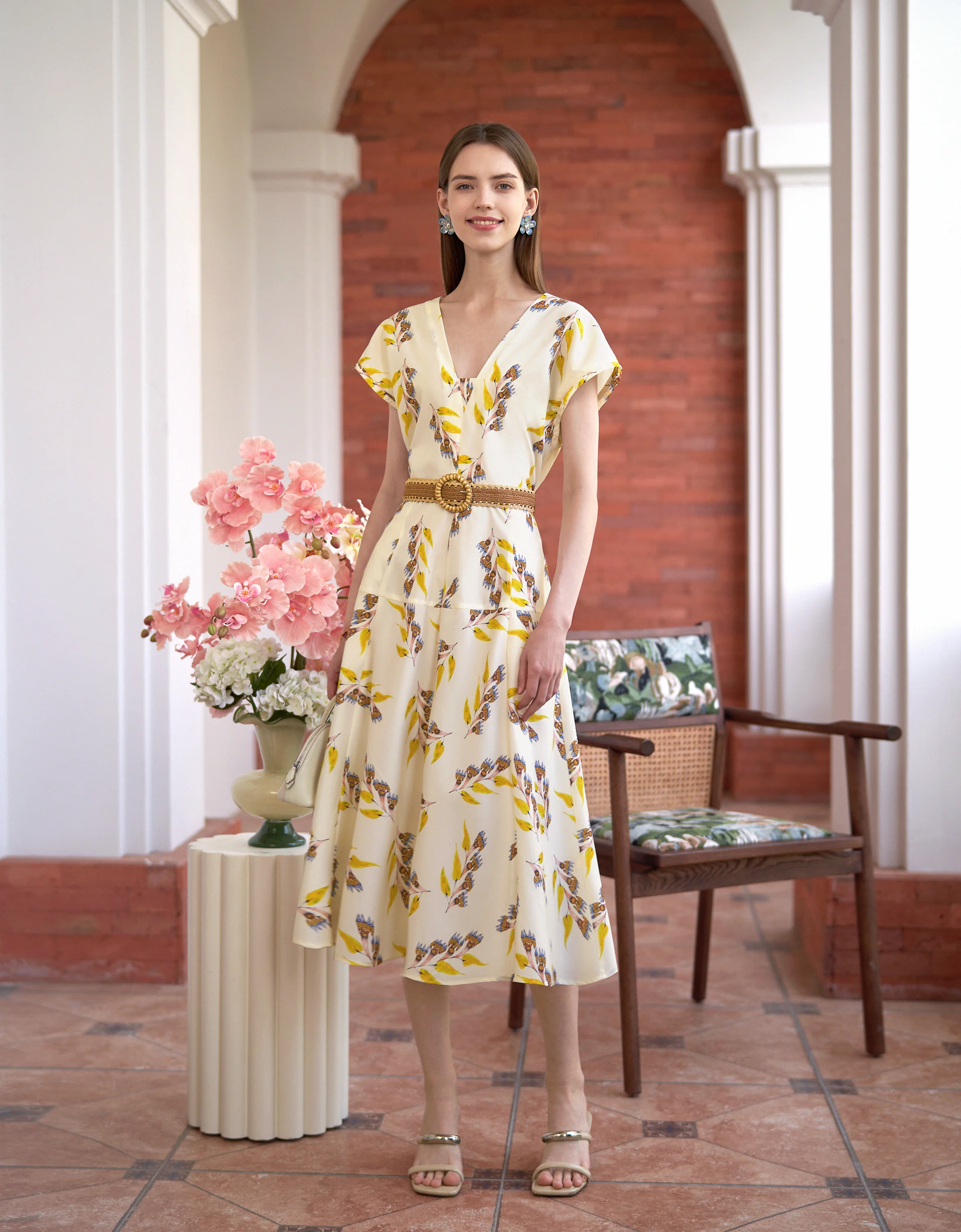 Leaf Print V-neck Midi Dress - Image 2