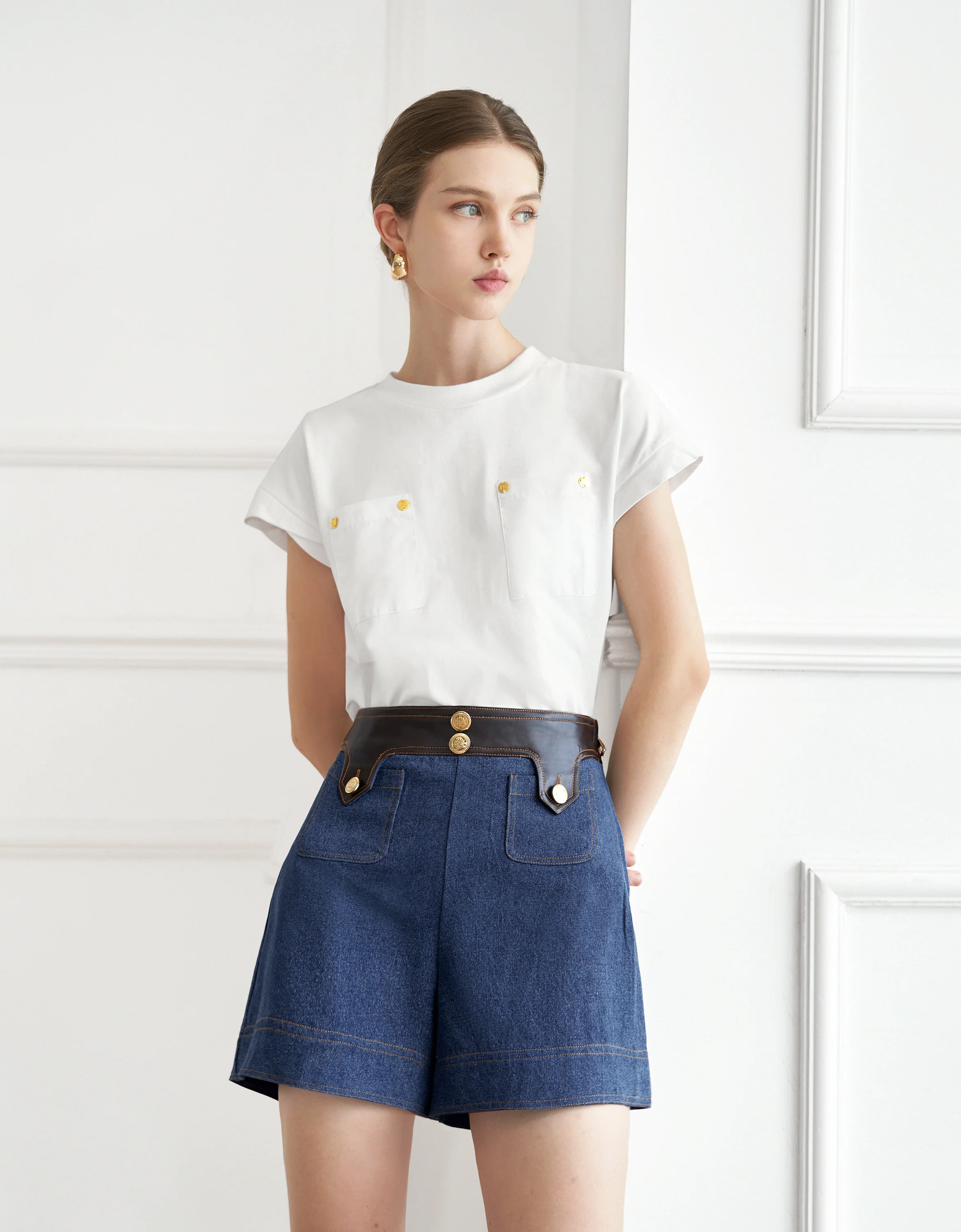 Leather Detail Denim Shorts - Image 2