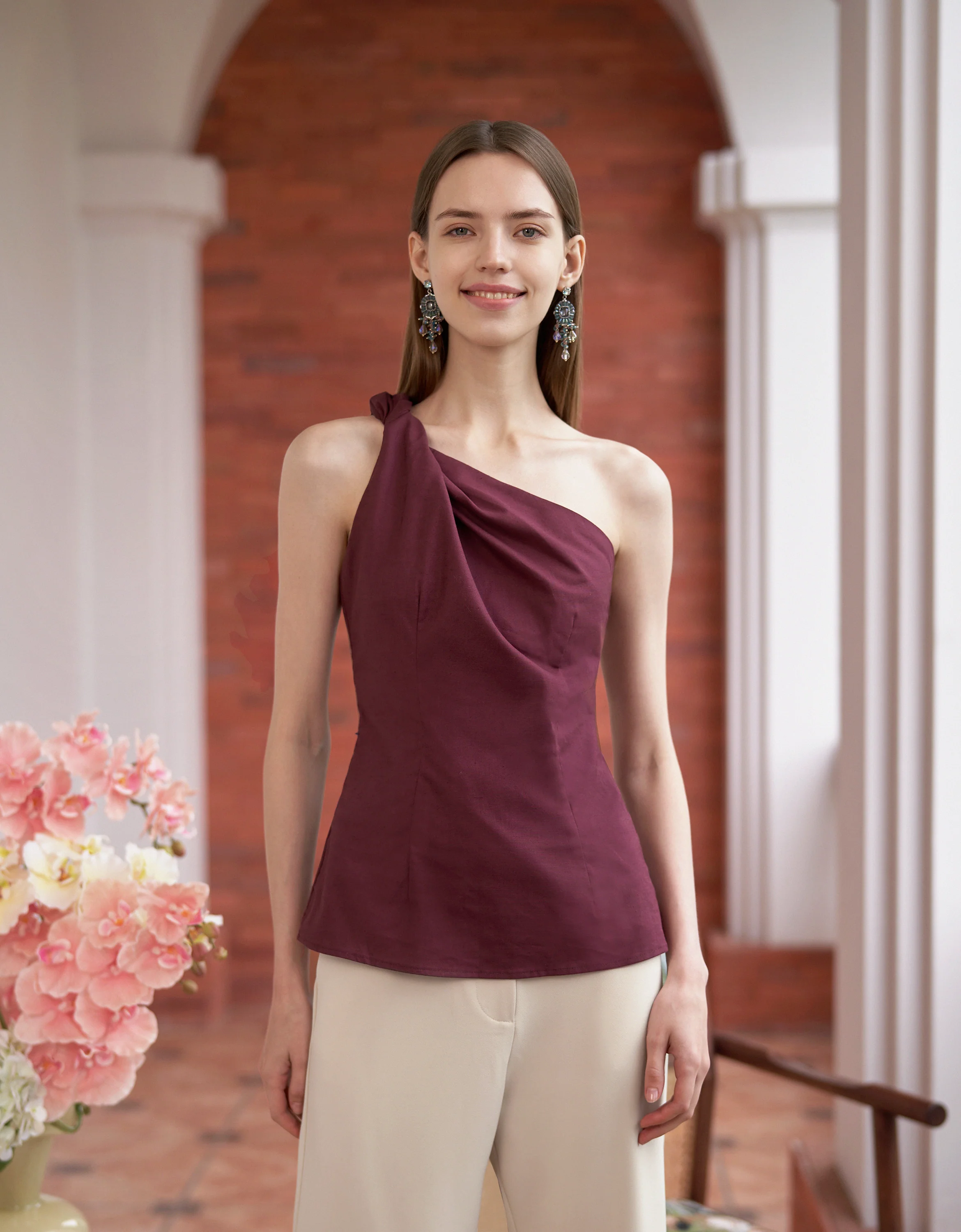 Linen-Cotton Blend Asymmetric Off-shoulder Top