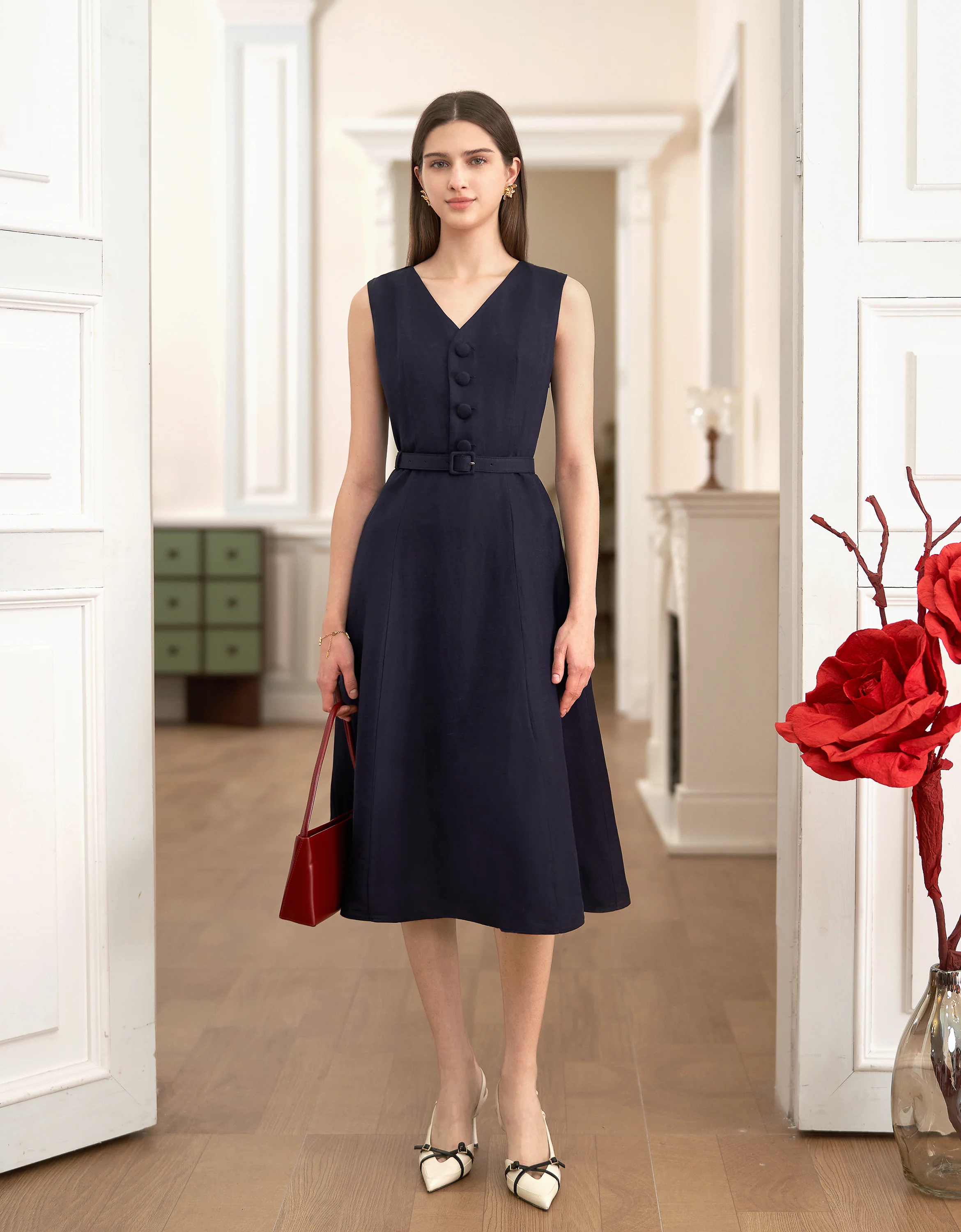 Linen-Viscose Blend V-neck Sleeveless Midi Dress - Image 2