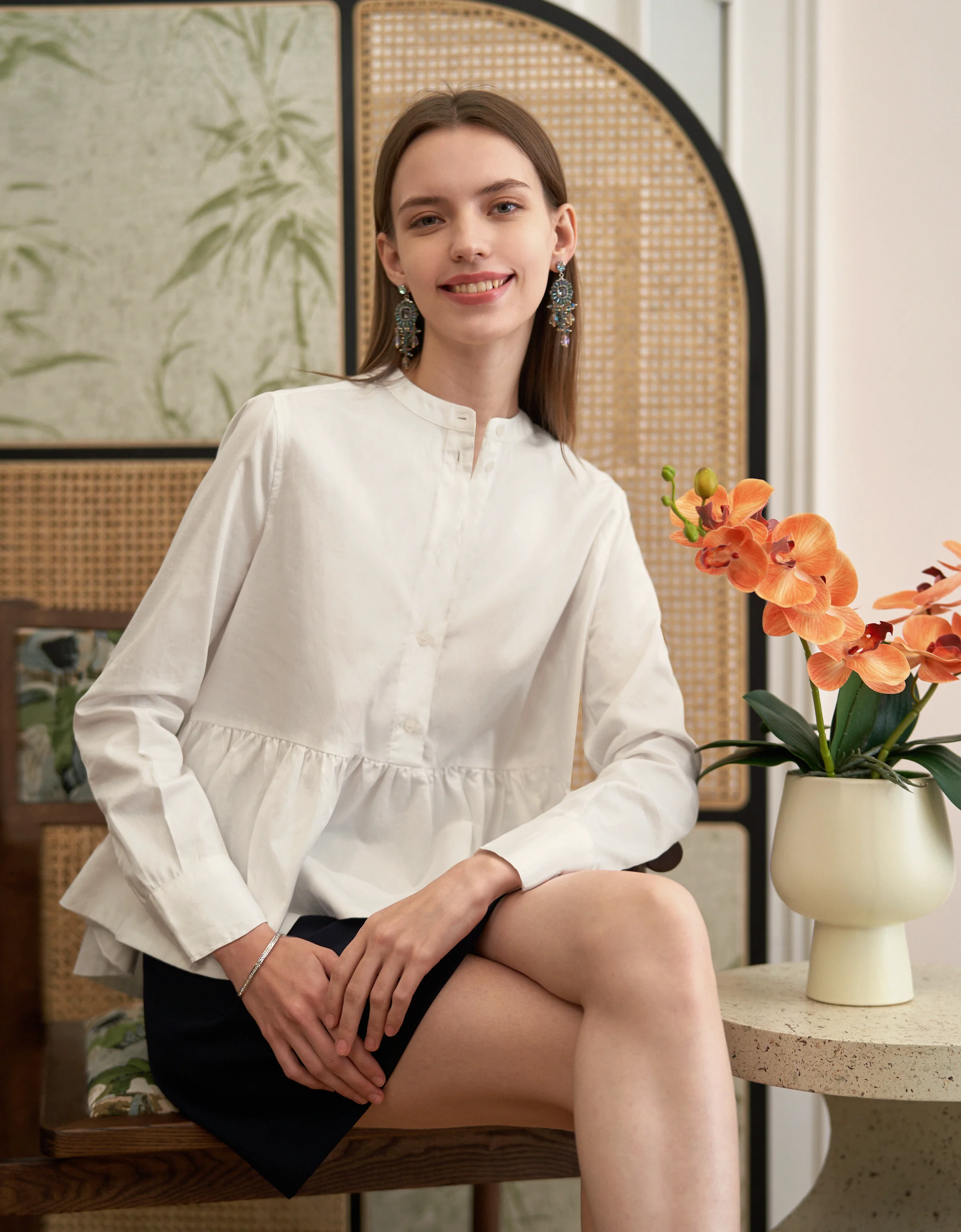 Long Sleeve Stand Collar Ruffled Hem Top