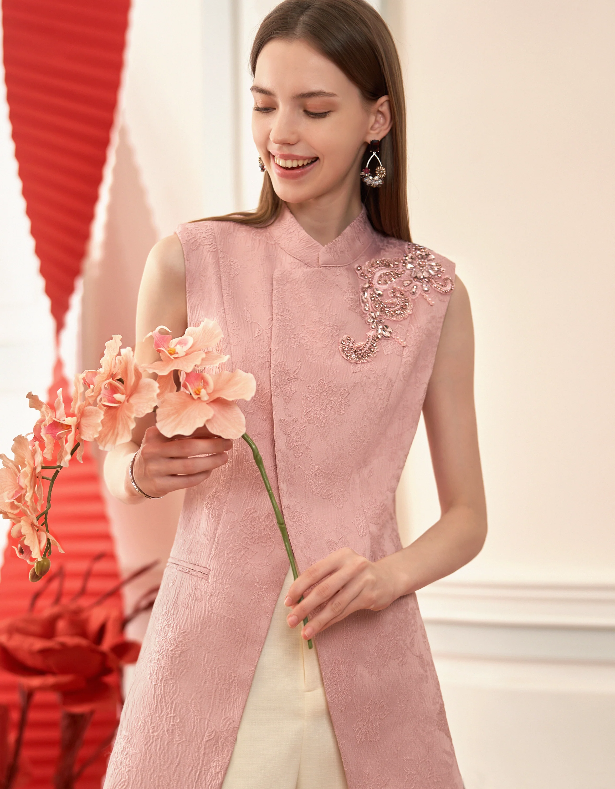 Mandarin Collar Bead Embellishment Sleeveless Vest