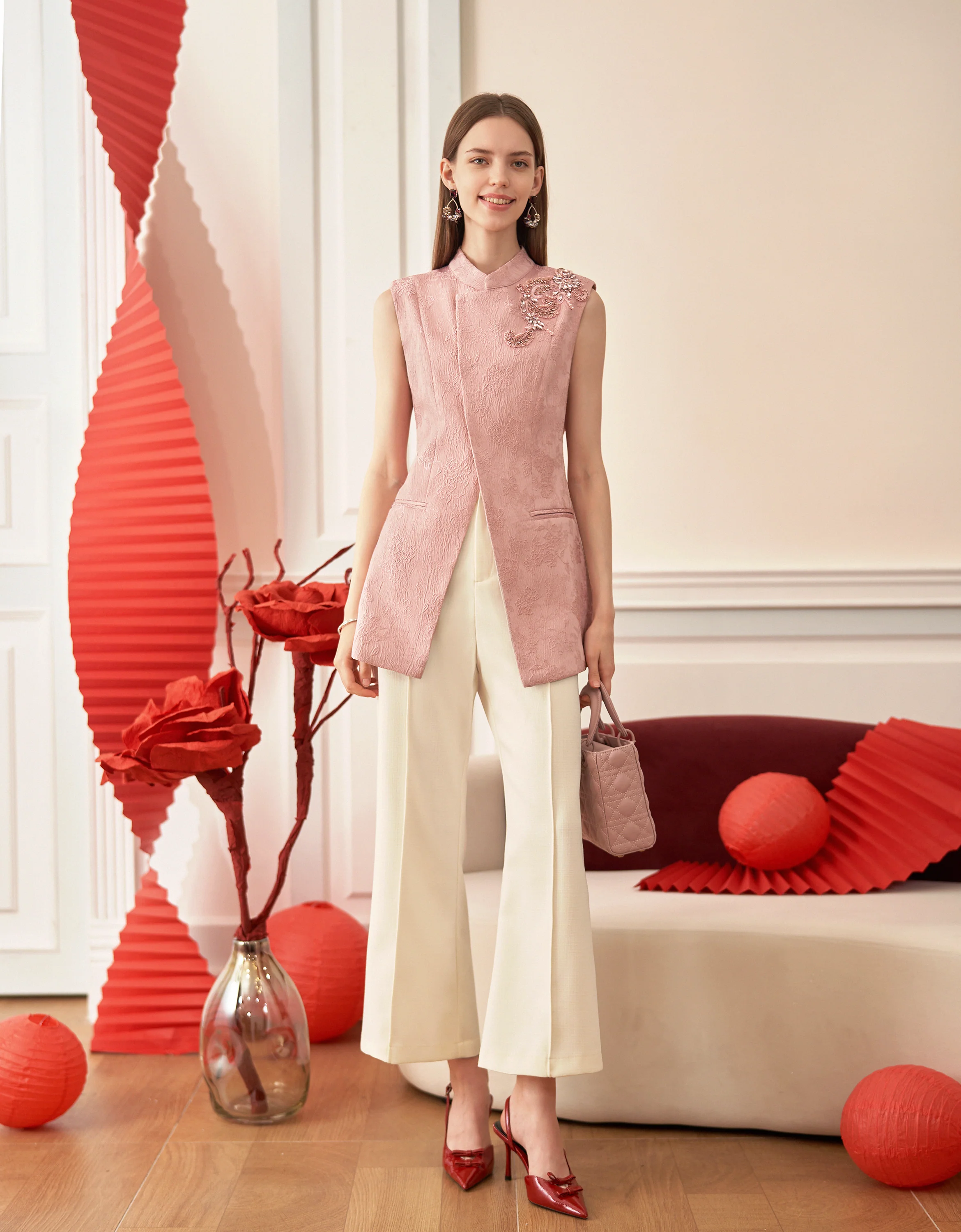 Mandarin Collar Bead Embellishment Sleeveless Vest - Image 2