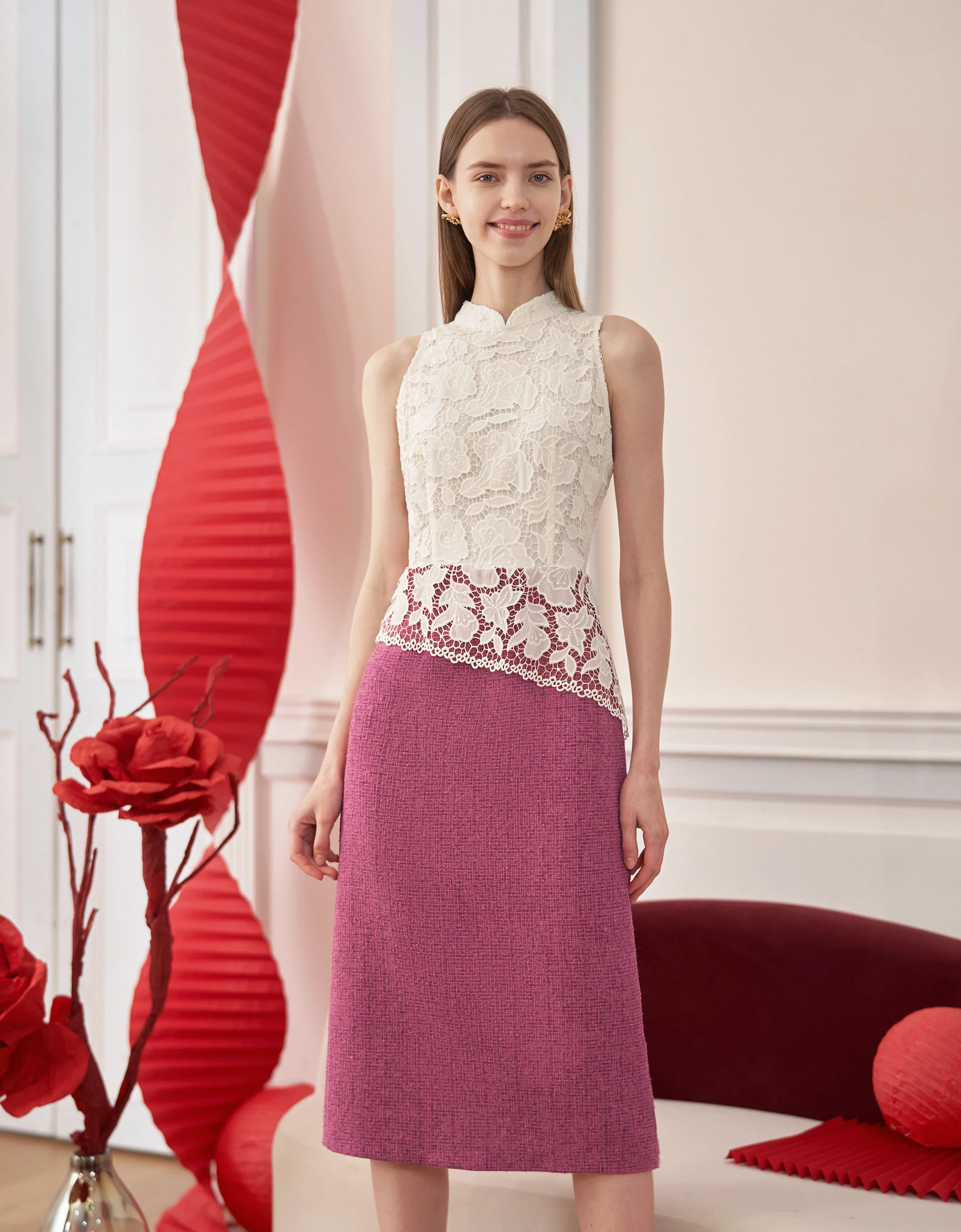 Mandarin Collar Colorblock Lace Top Midi Dress - Image 2