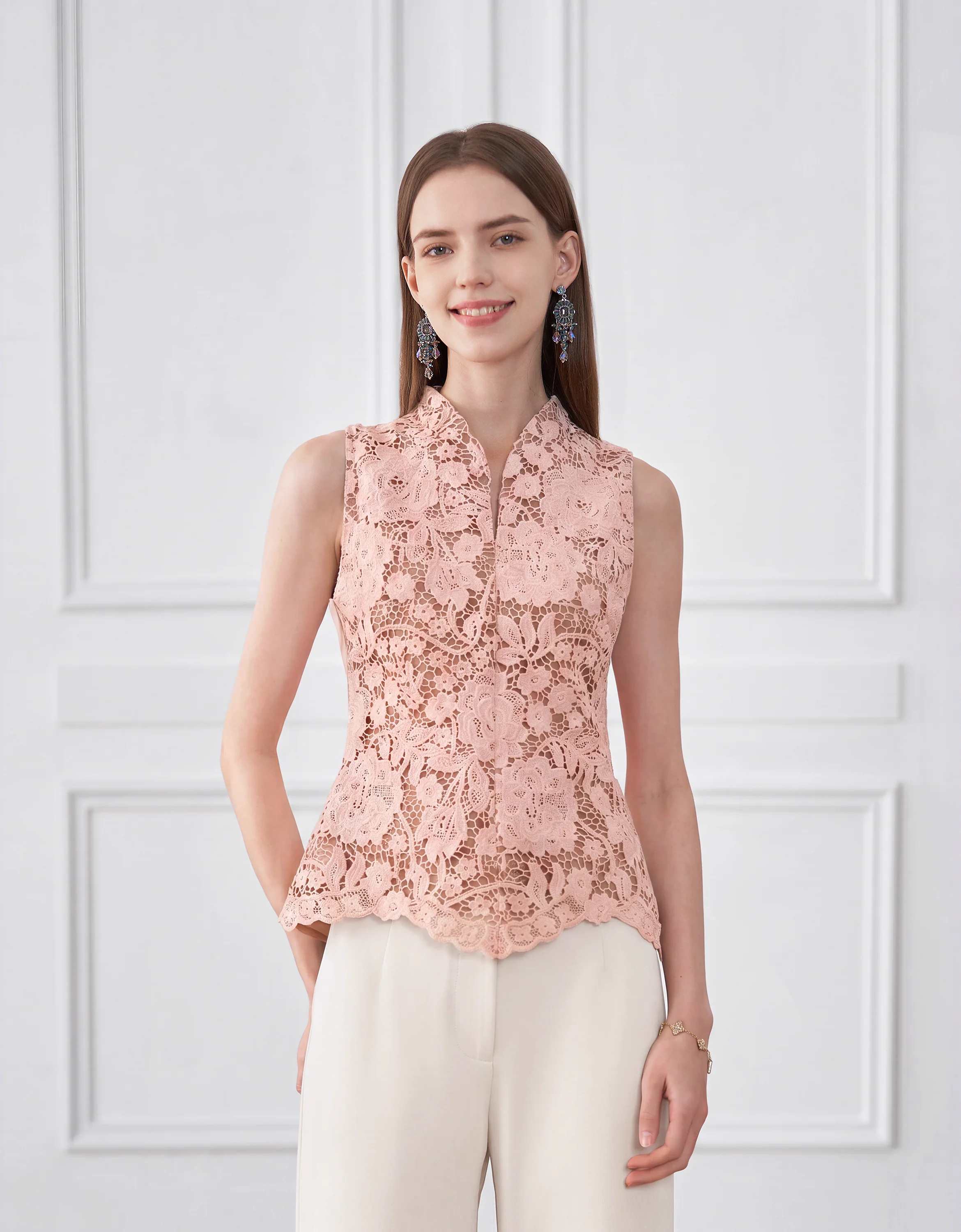 Mandarin Collar Sleeveless Lace Top - Image 2