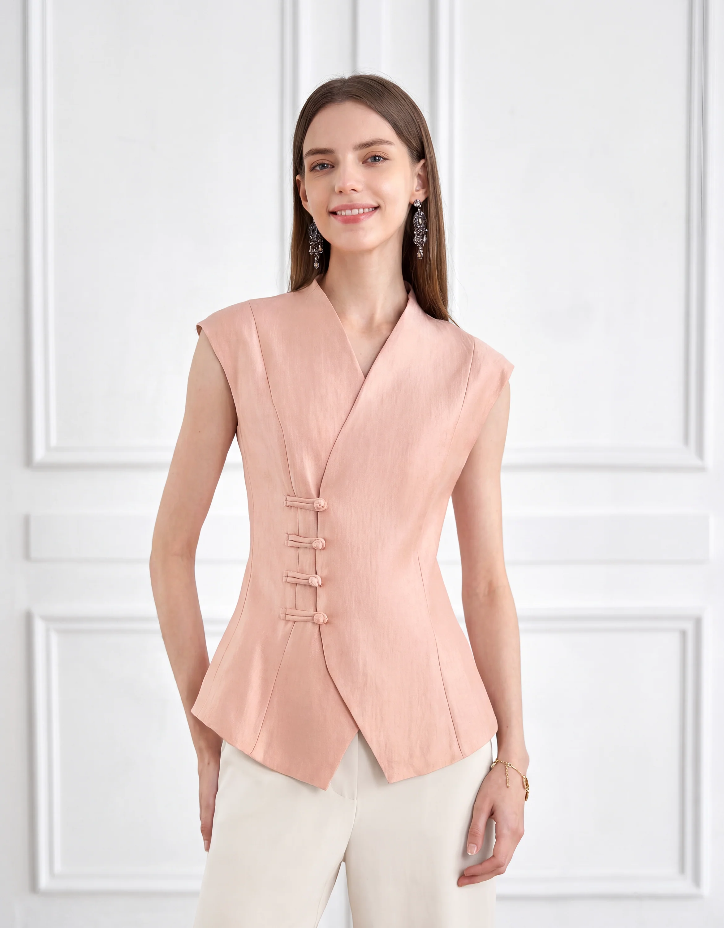 Mandarin Knot Button Overlap Front V-neck Top
