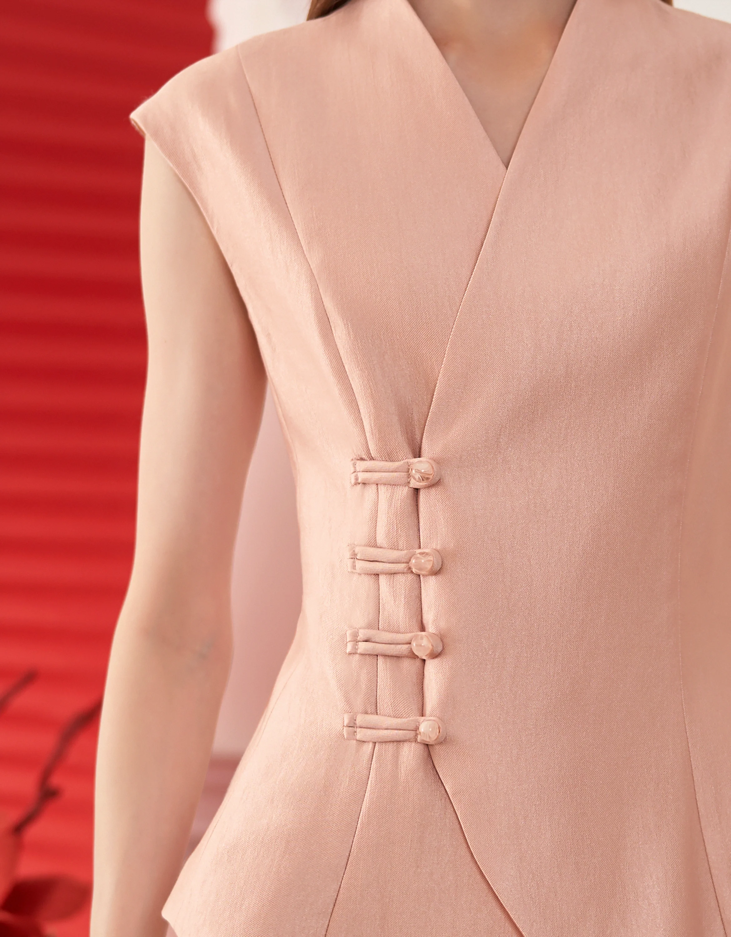 Mandarin Knot Button Overlap Front V-neck Top - Image 4