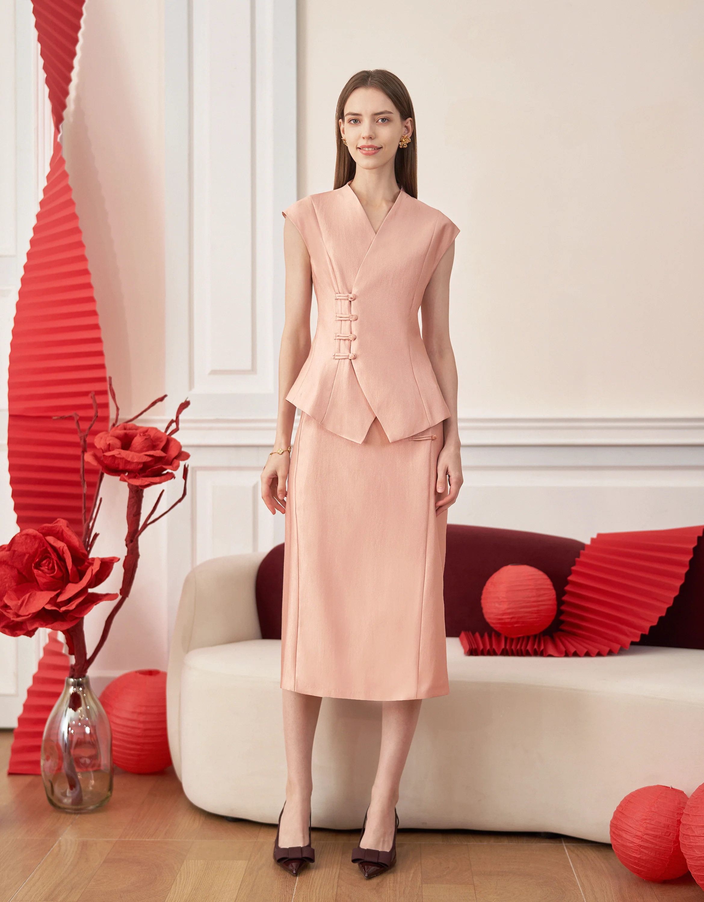 Mandarin Knot Button Overlap Front V-neck Top - Image 5