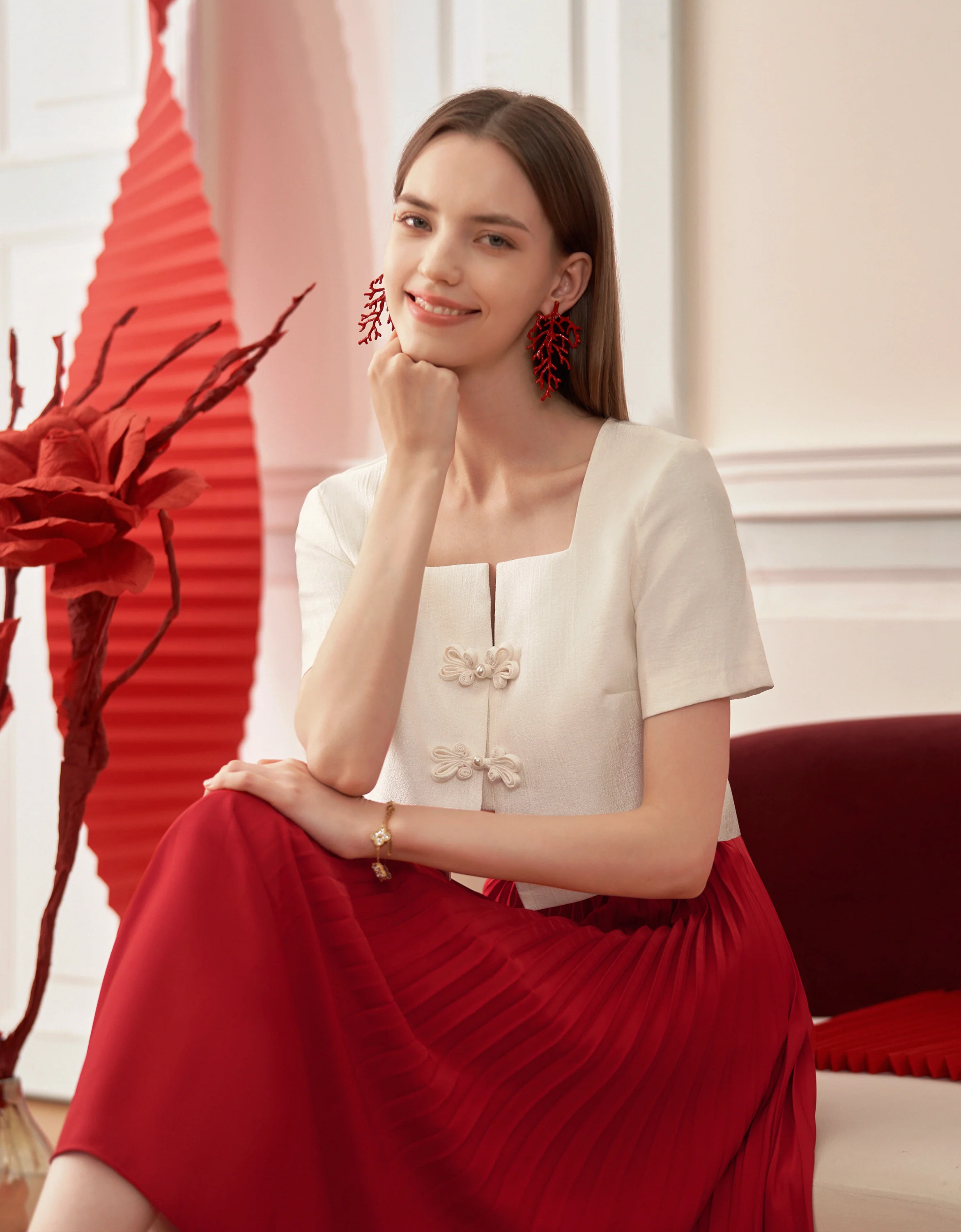Mandarin Knot Button Short Sleeve Cropped Top - Image 10
