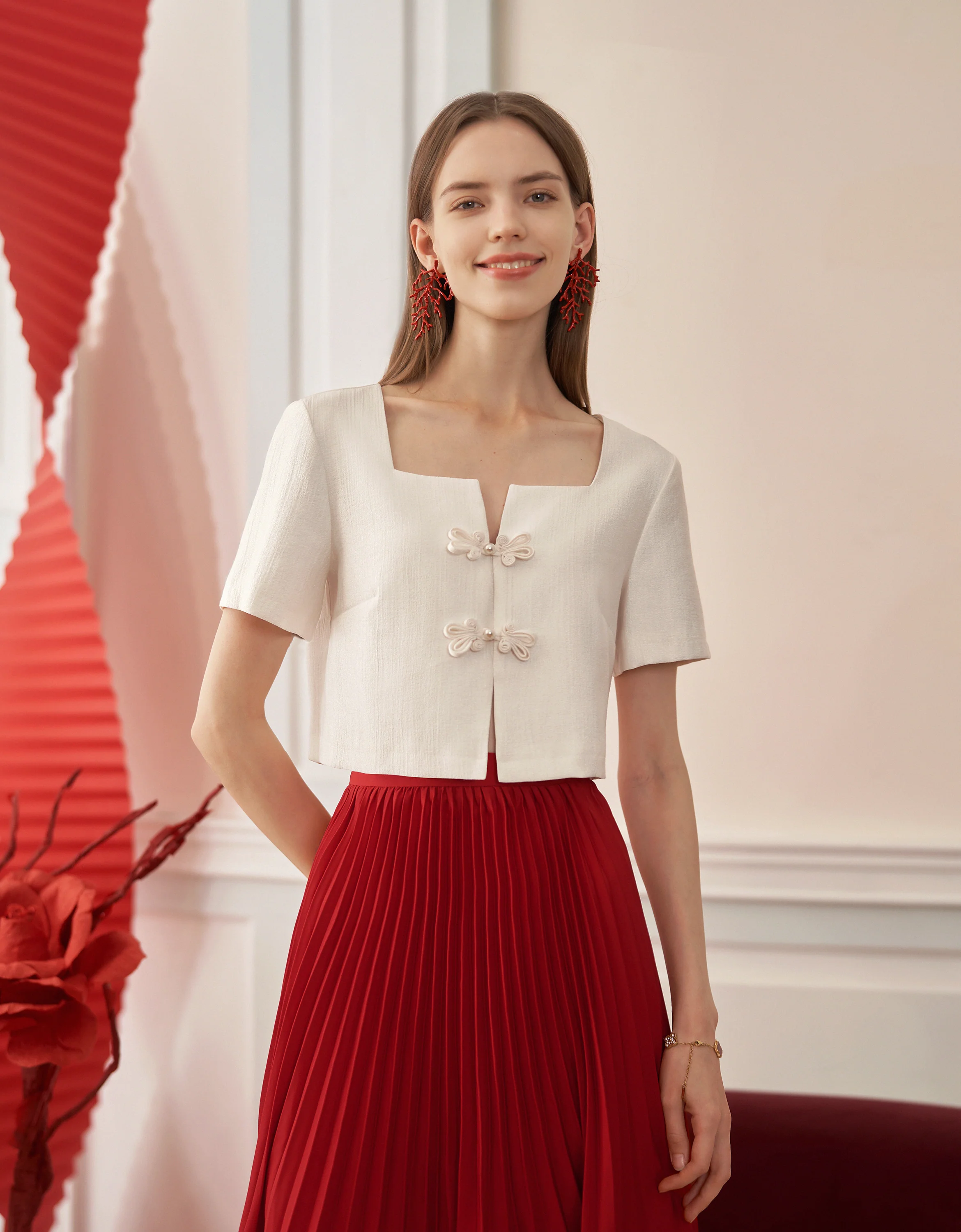 Mandarin Knot Button Short Sleeve Cropped Top - Image 11