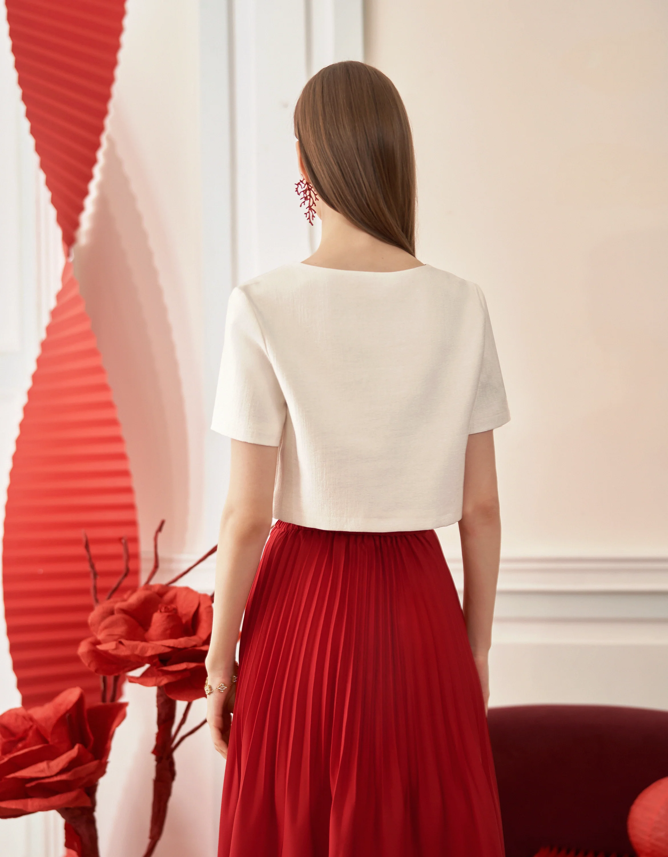 Mandarin Knot Button Short Sleeve Cropped Top - Image 12
