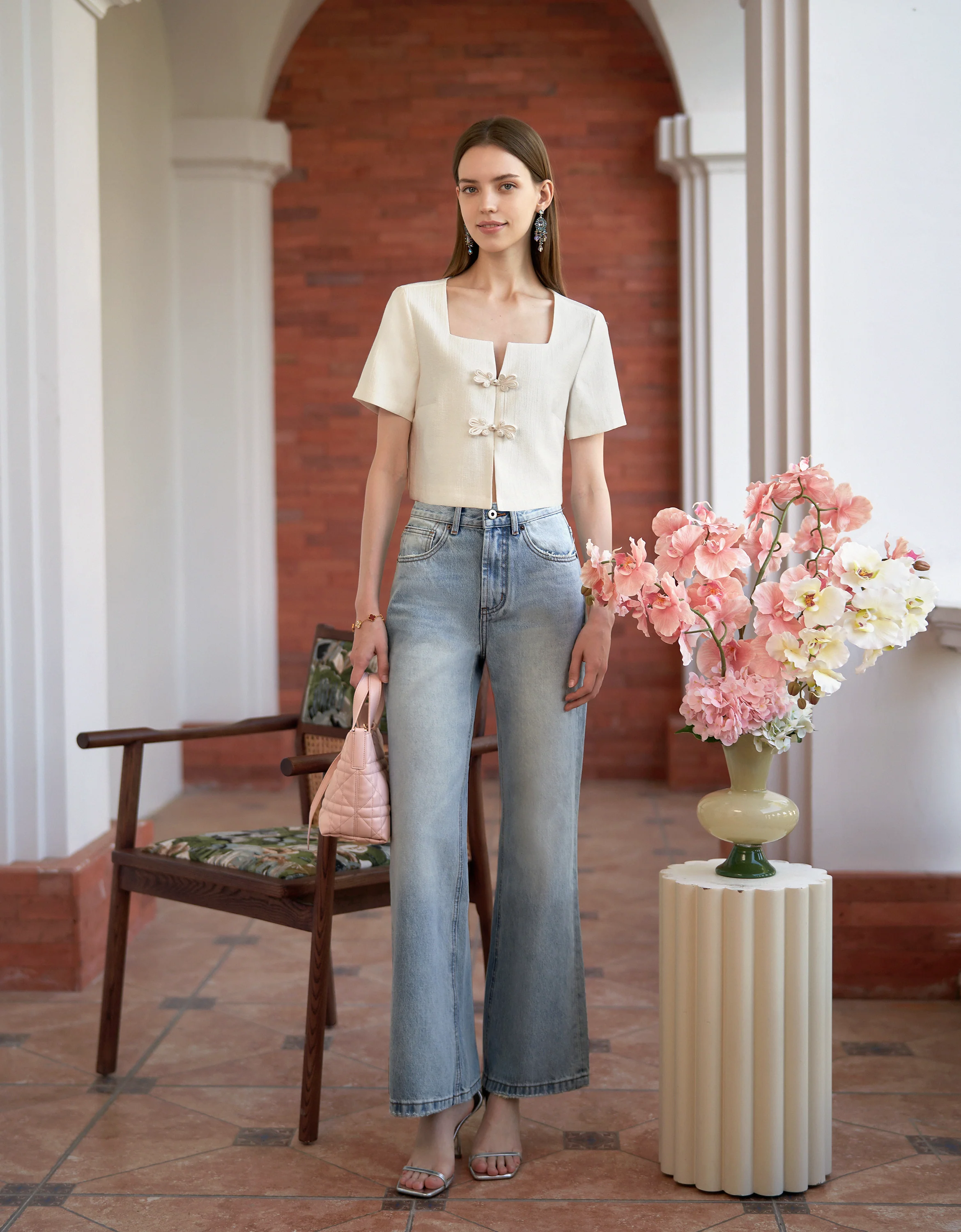 Mandarin Knot Button Short Sleeve Cropped Top - Image 14