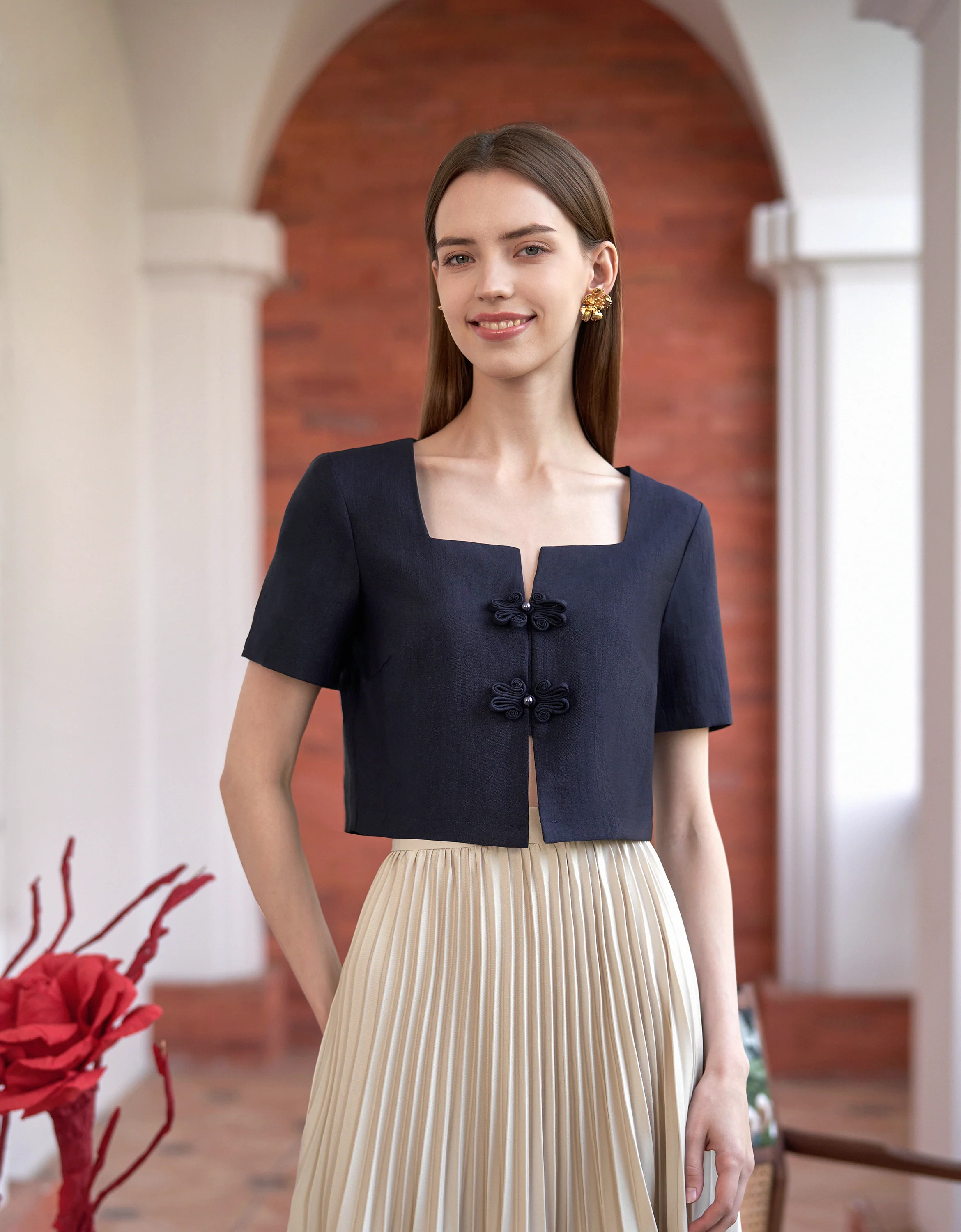 Mandarin Knot Button Short Sleeve Cropped Top - Image 23