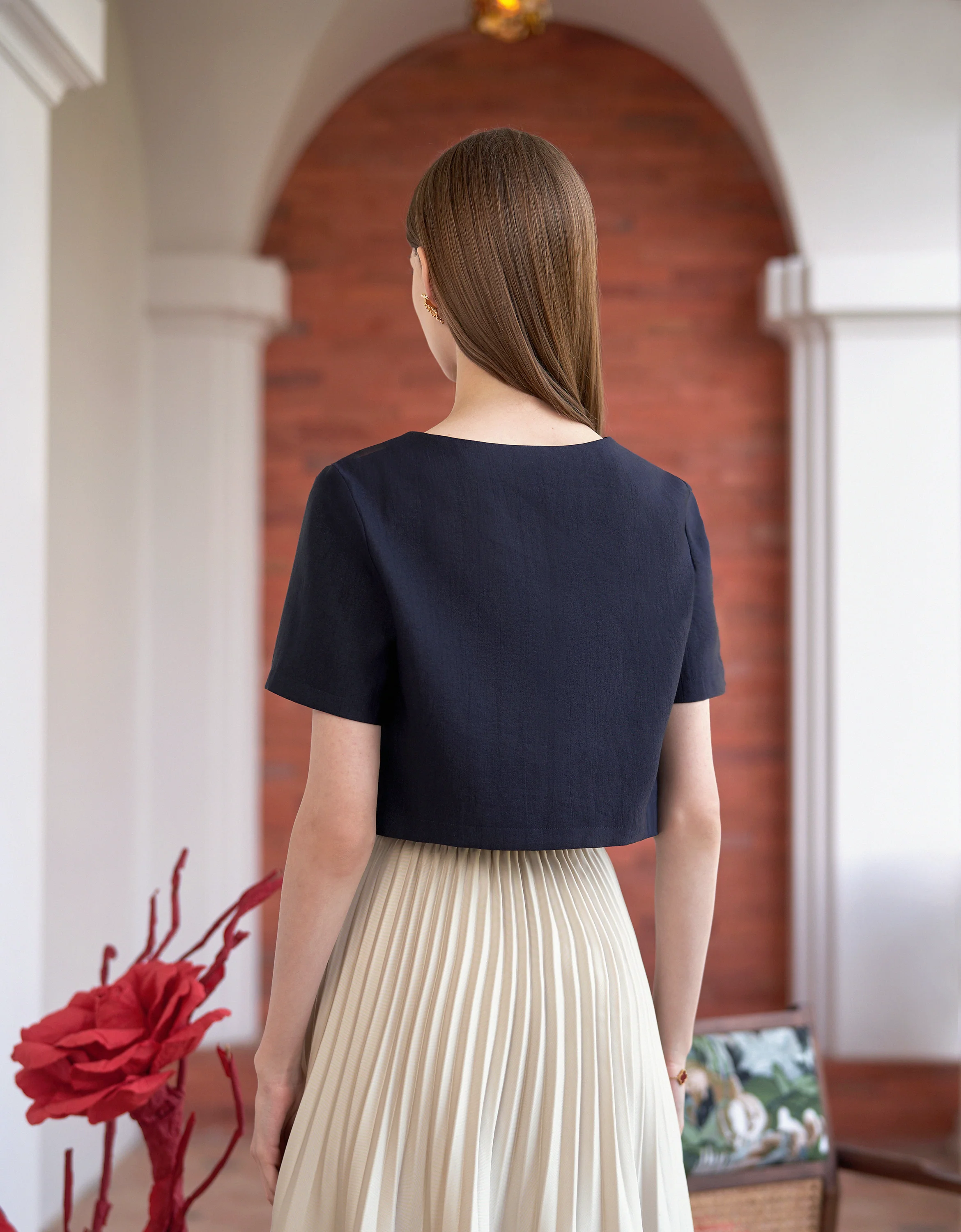 Mandarin Knot Button Short Sleeve Cropped Top - Image 24