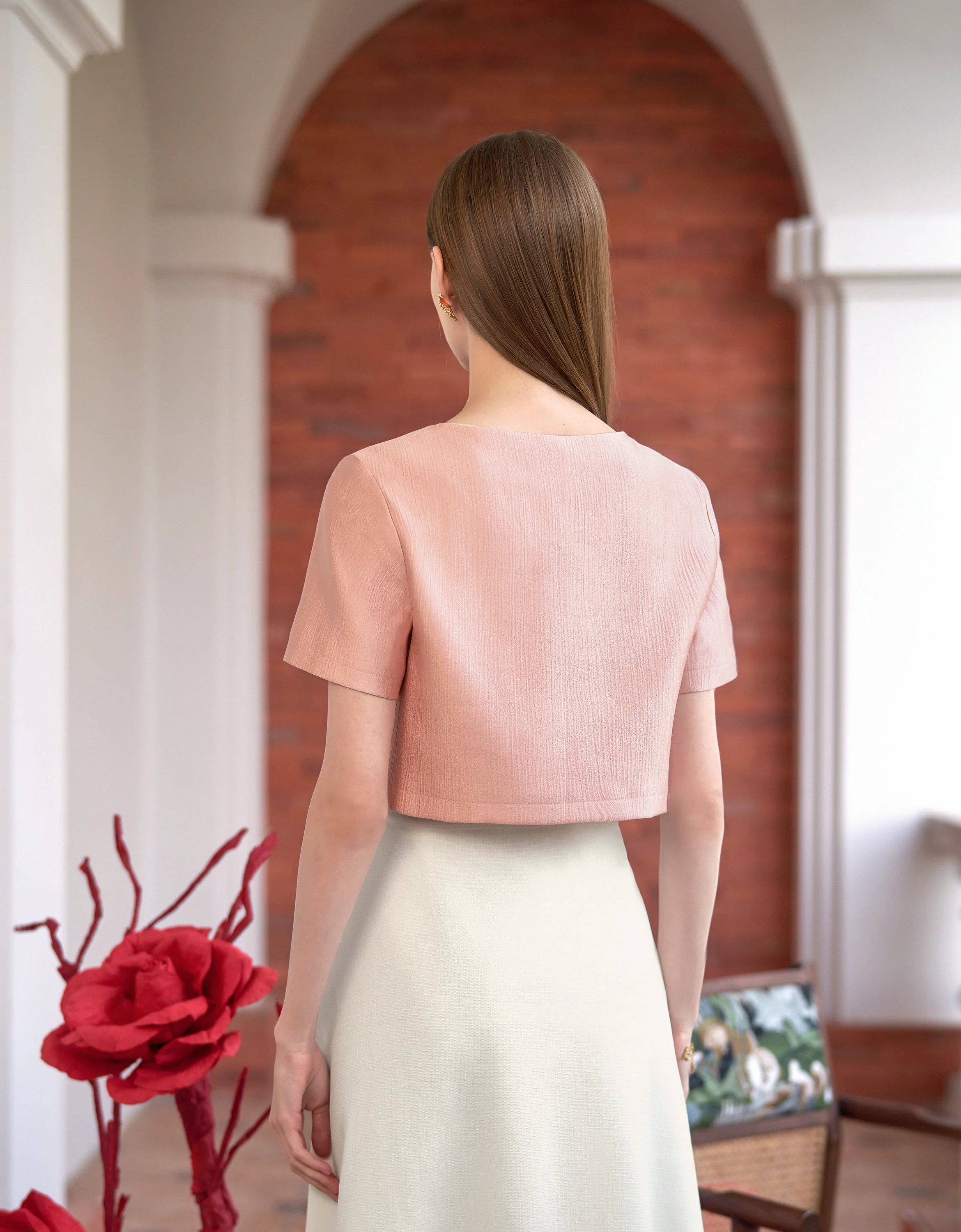 Mandarin Knot Button Short Sleeve Cropped Top - Image 5