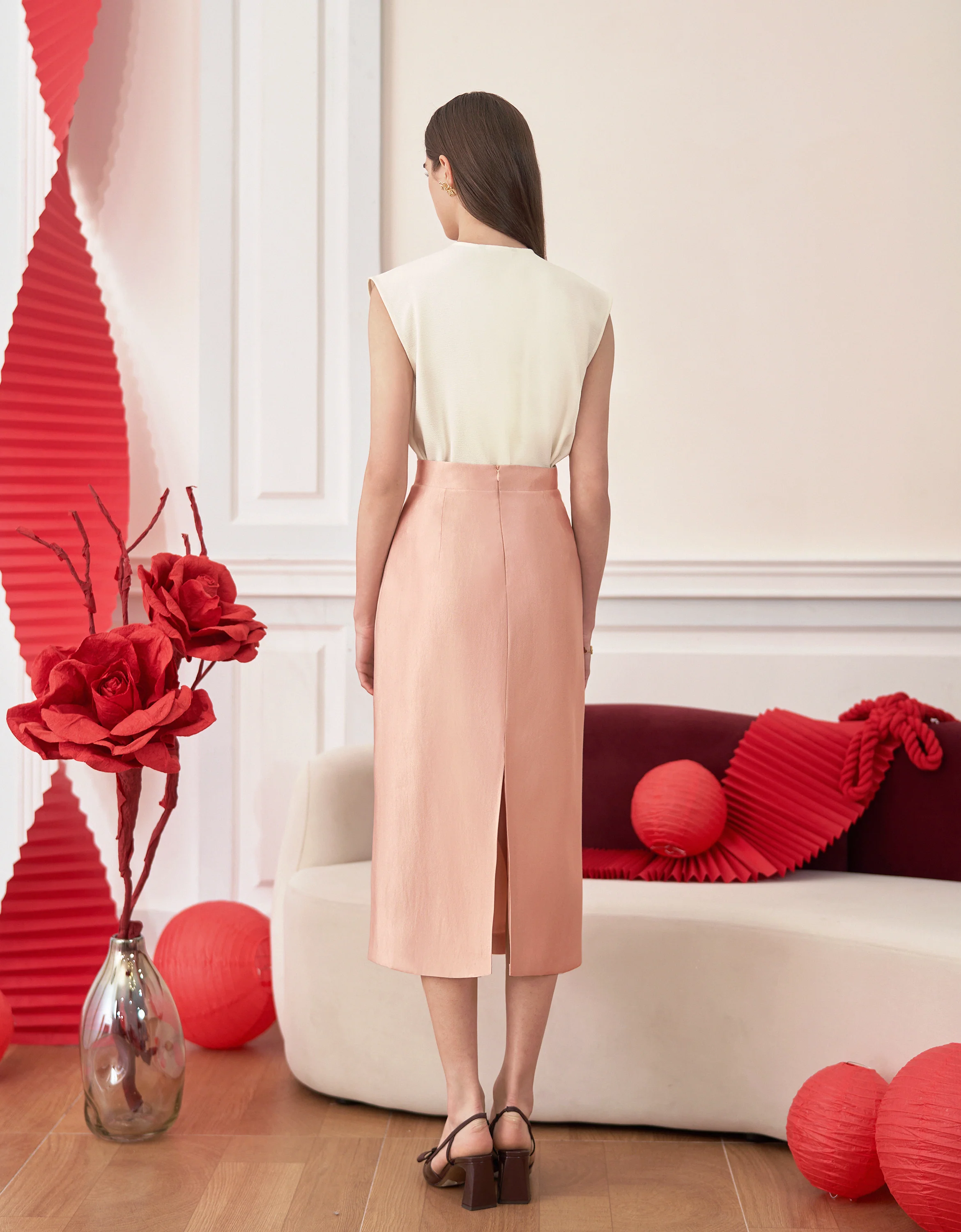 Mandarin Knot Buttons Back Slit Skirt - Image 3