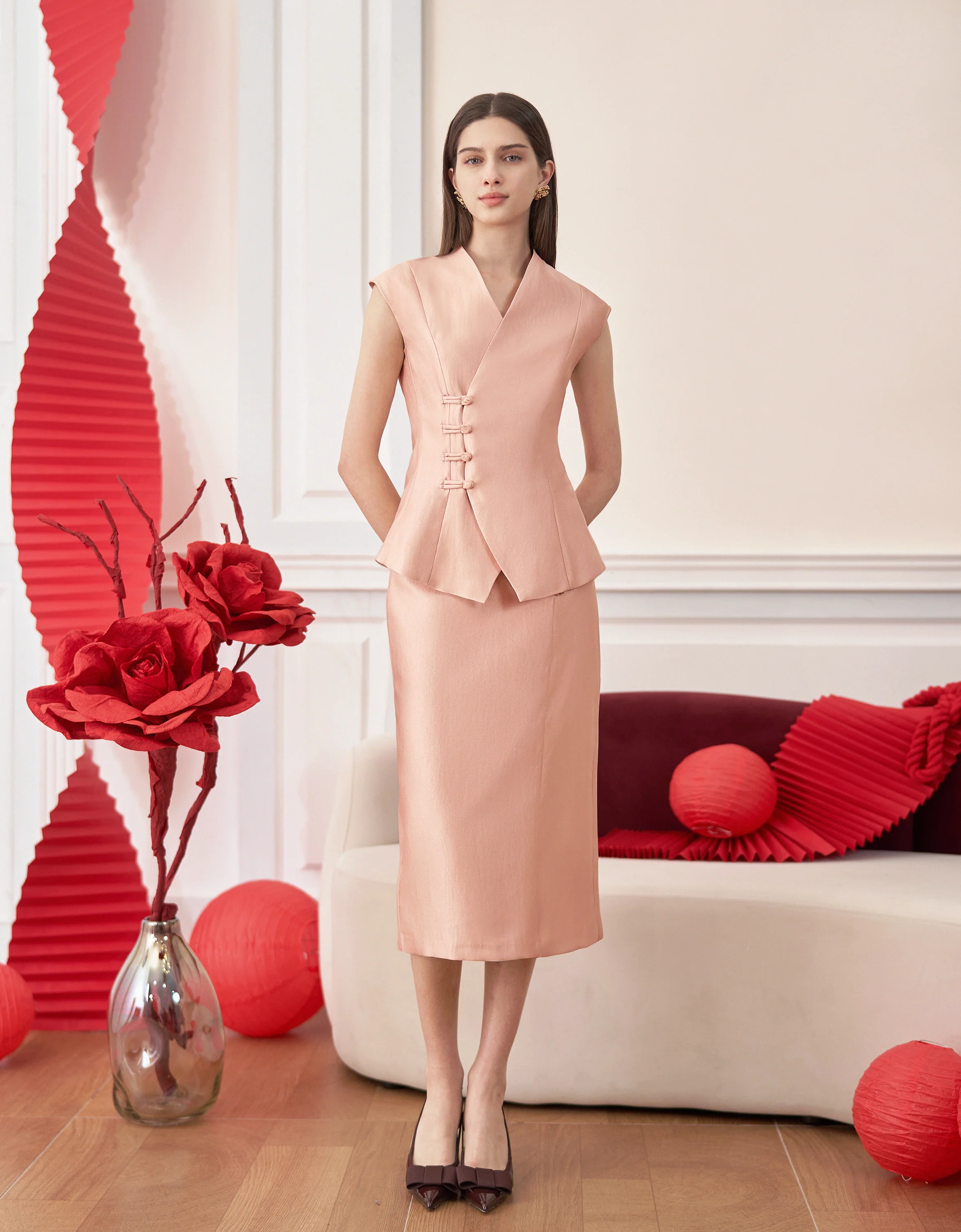 Mandarin Knot Buttons Back Slit Skirt - Image 4