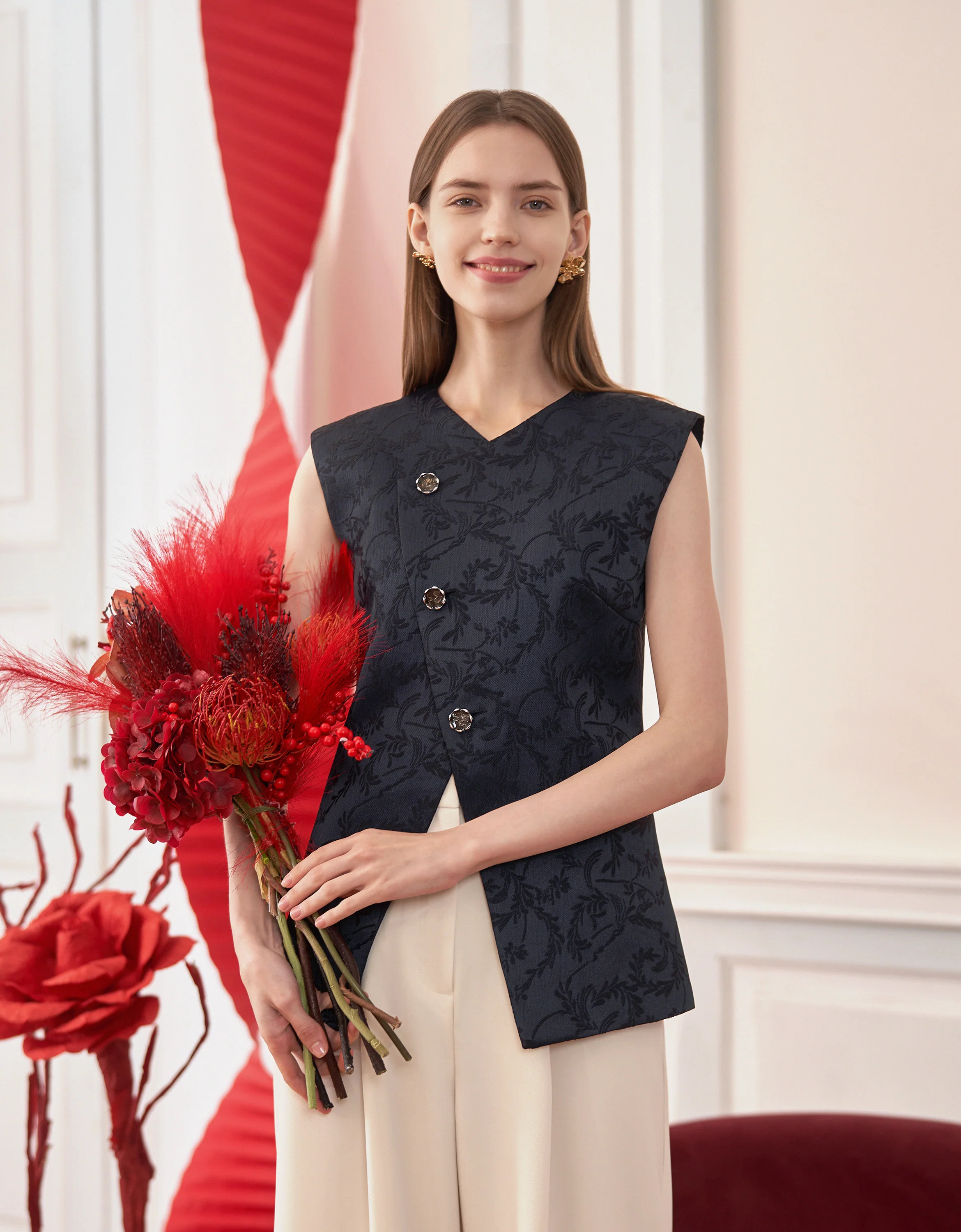 Mandarin Style Asymmetric Jacquard Vest