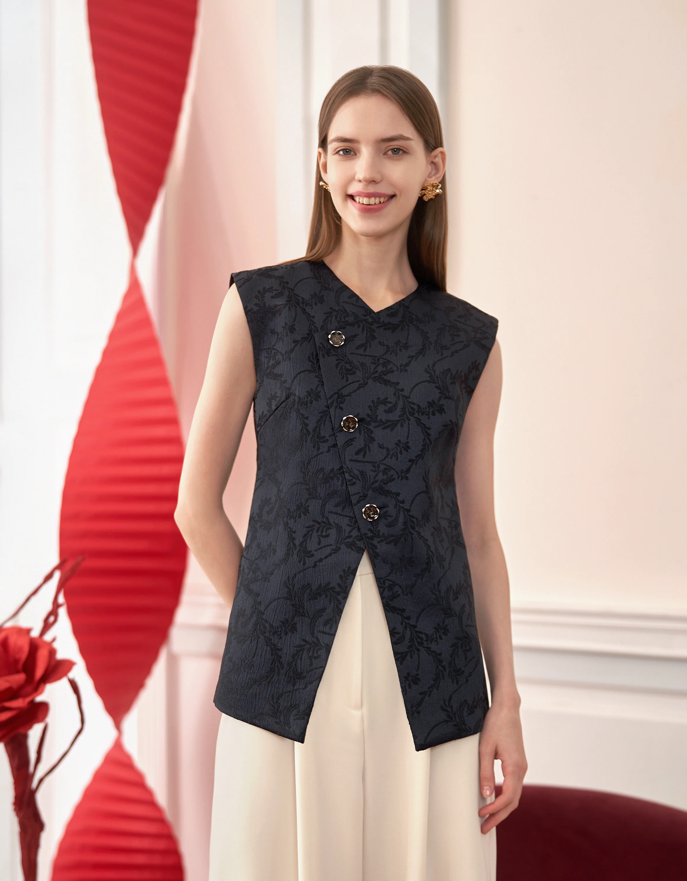 Mandarin Style Asymmetric Jacquard Vest - Image 2