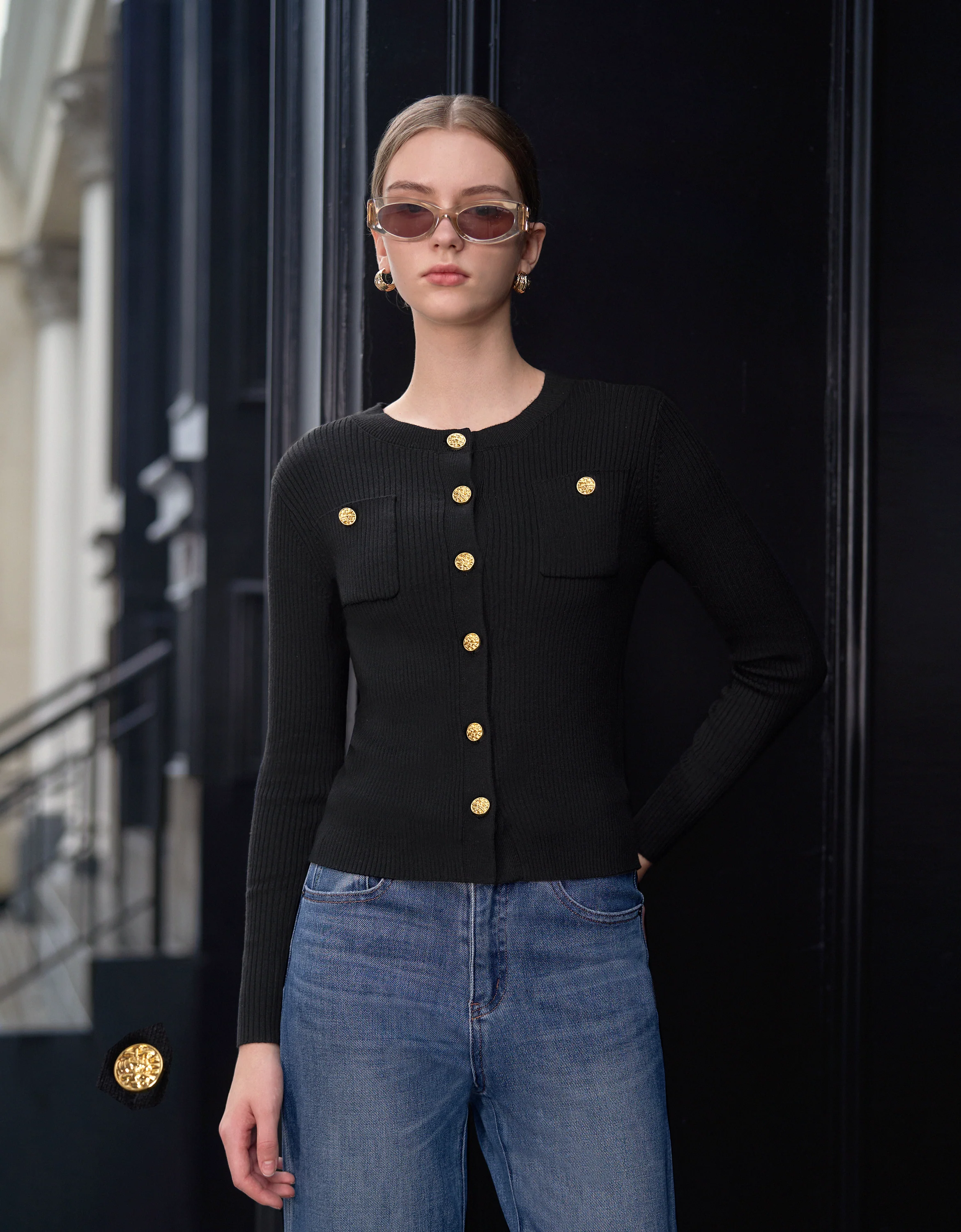 Metal Button Long Sleeve Knit Top - Image 2