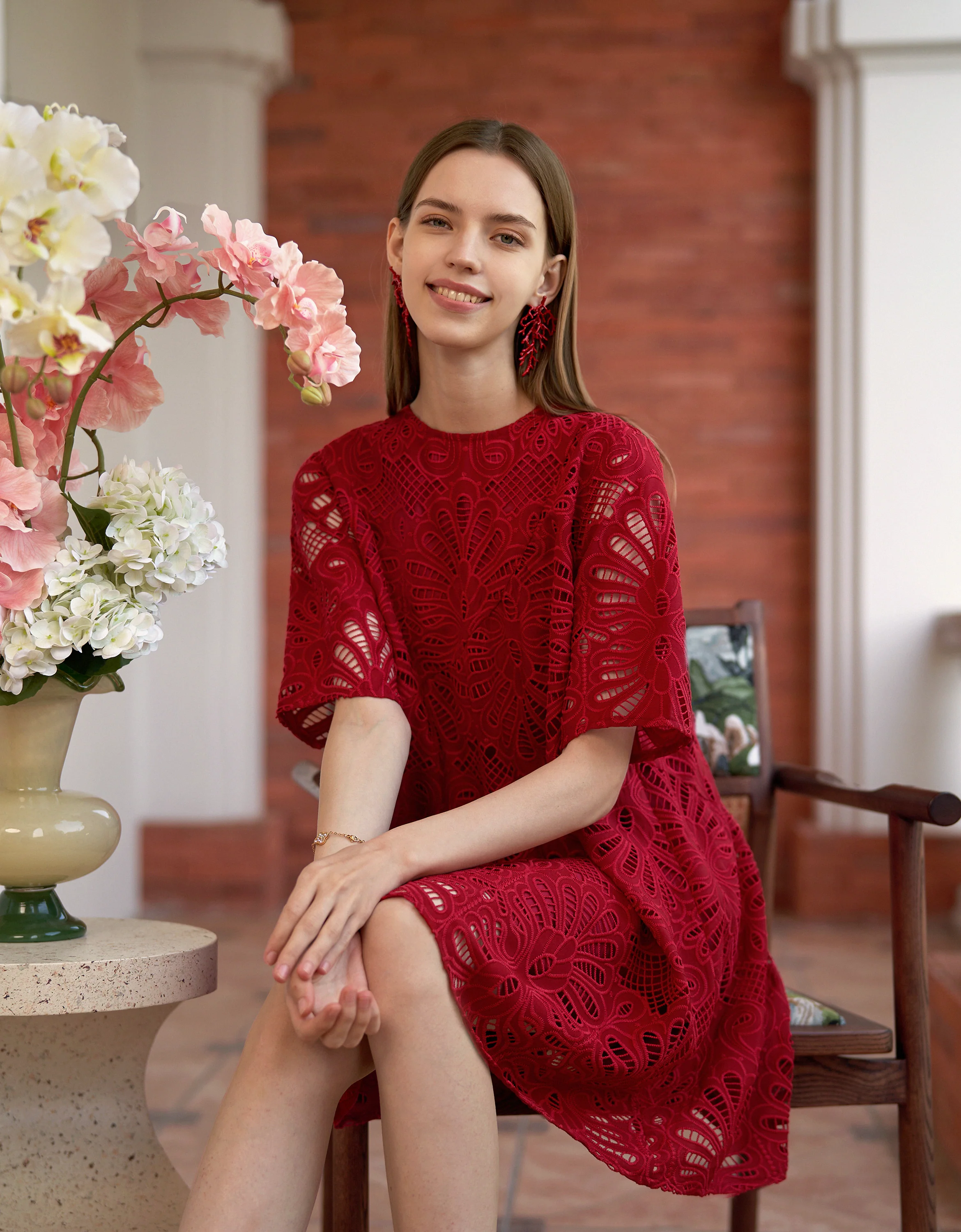 Mid-length Sleeve Cutwork Embroidery A-line Dress
