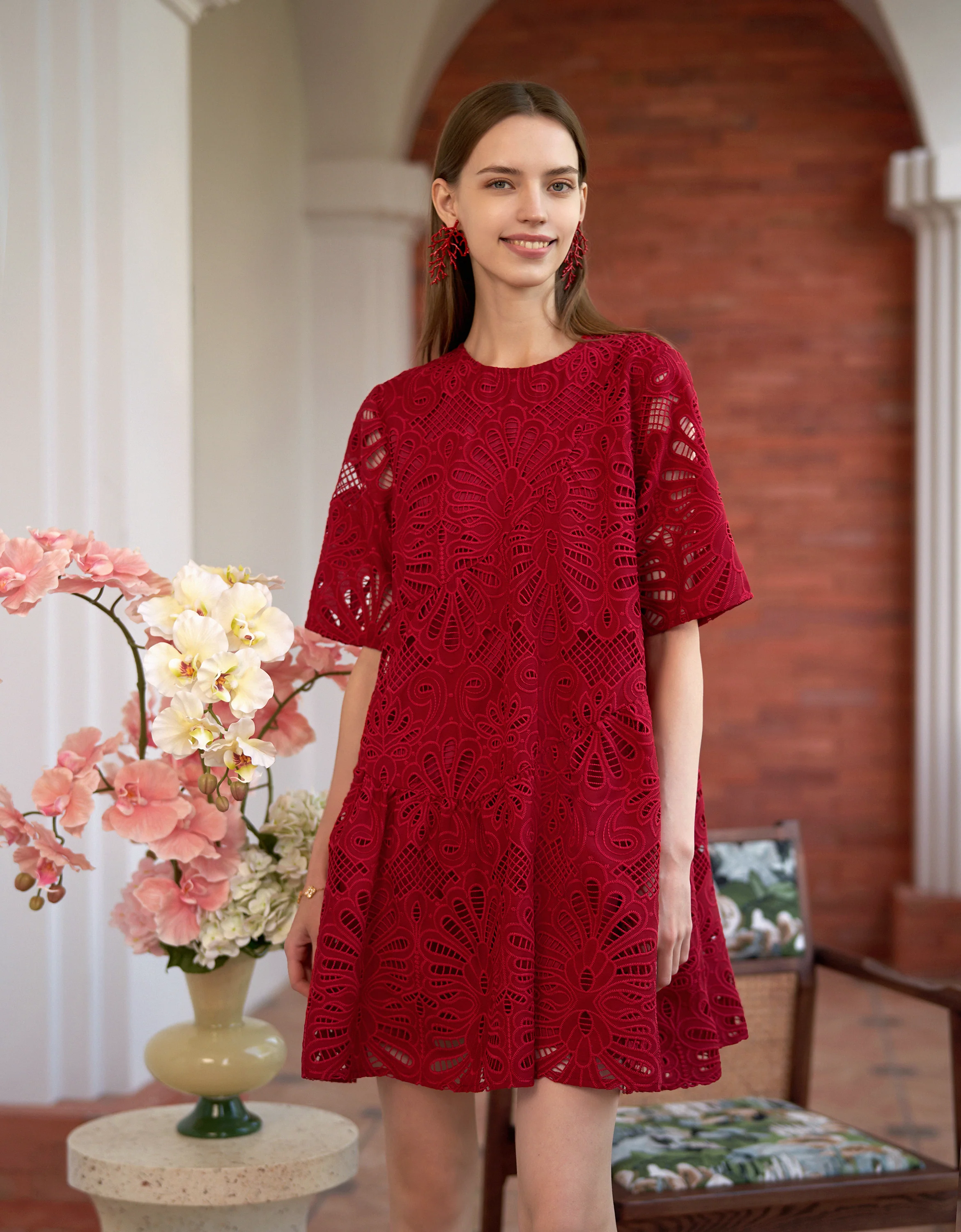 Mid-length Sleeve Cutwork Embroidery A-line Dress - Image 2