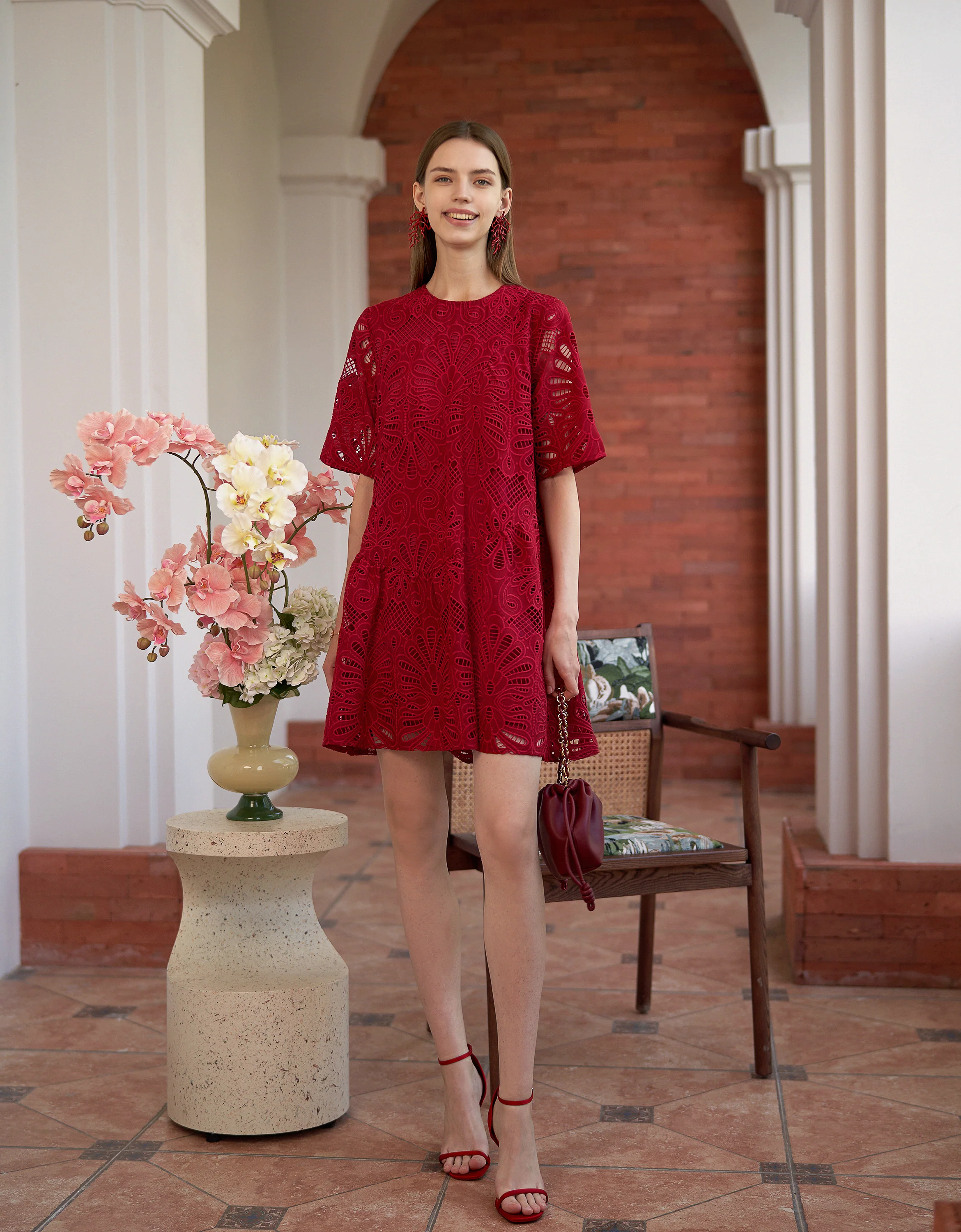 Mid-length Sleeve Cutwork Embroidery A-line Dress - Image 3