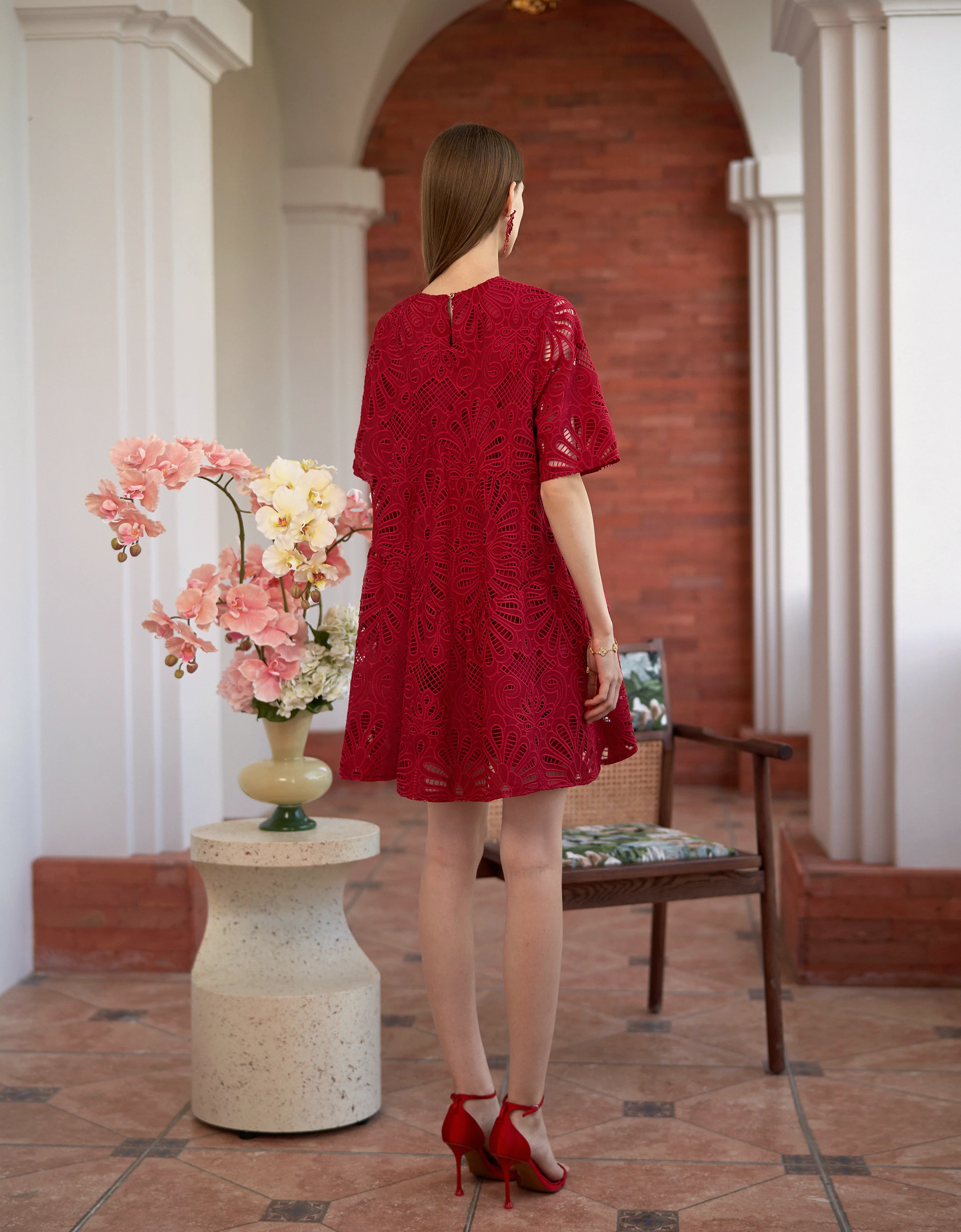 Mid-length Sleeve Cutwork Embroidery A-line Dress - Image 4