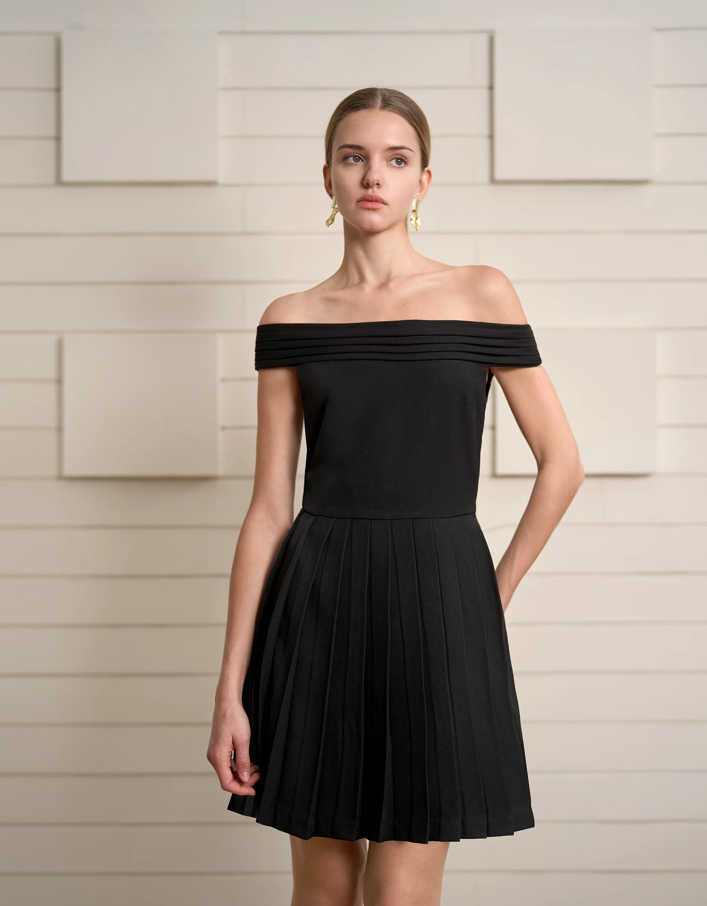 Off-shoulder Pleated Dress - Image 2