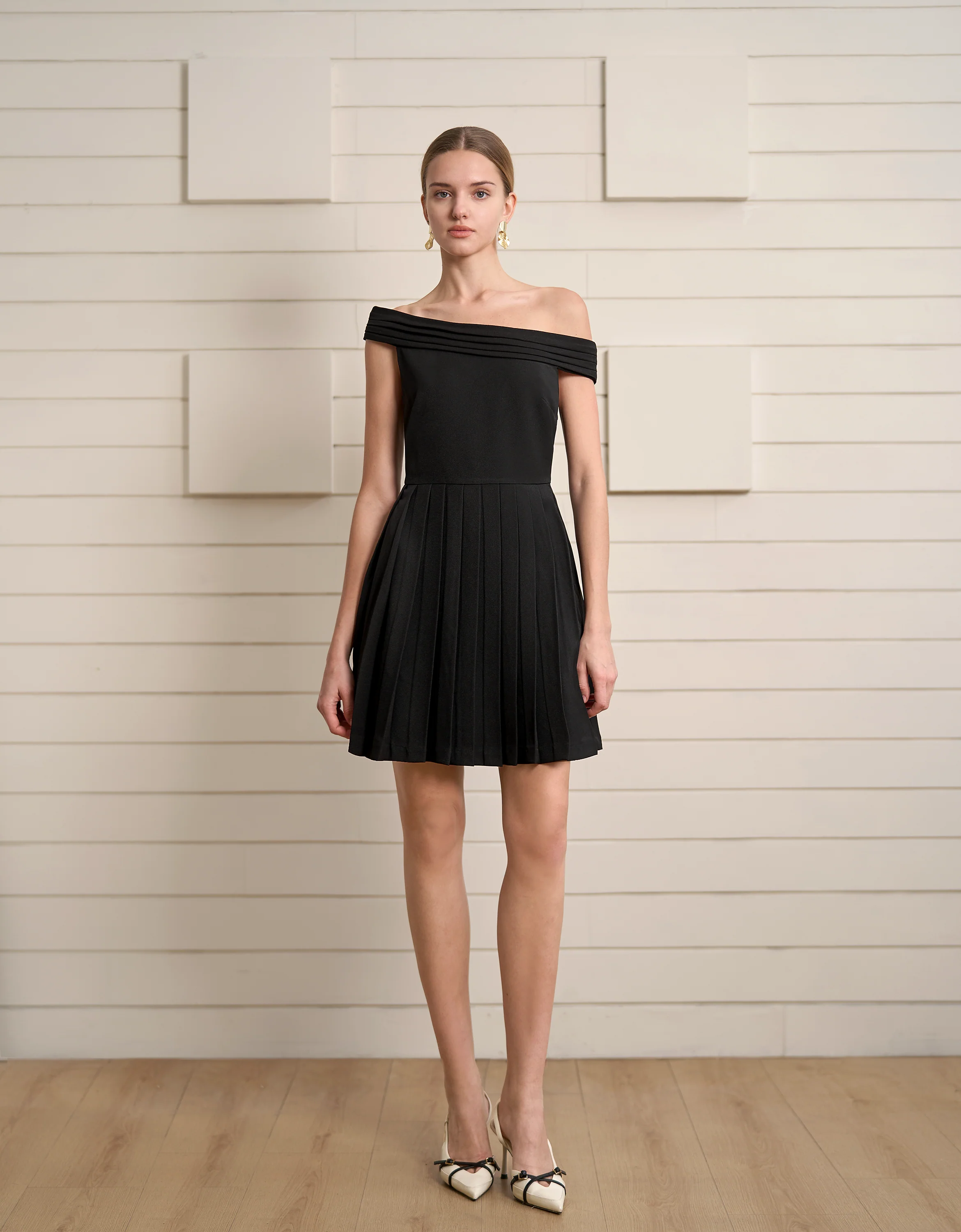 Off-shoulder Pleated Dress - Image 3