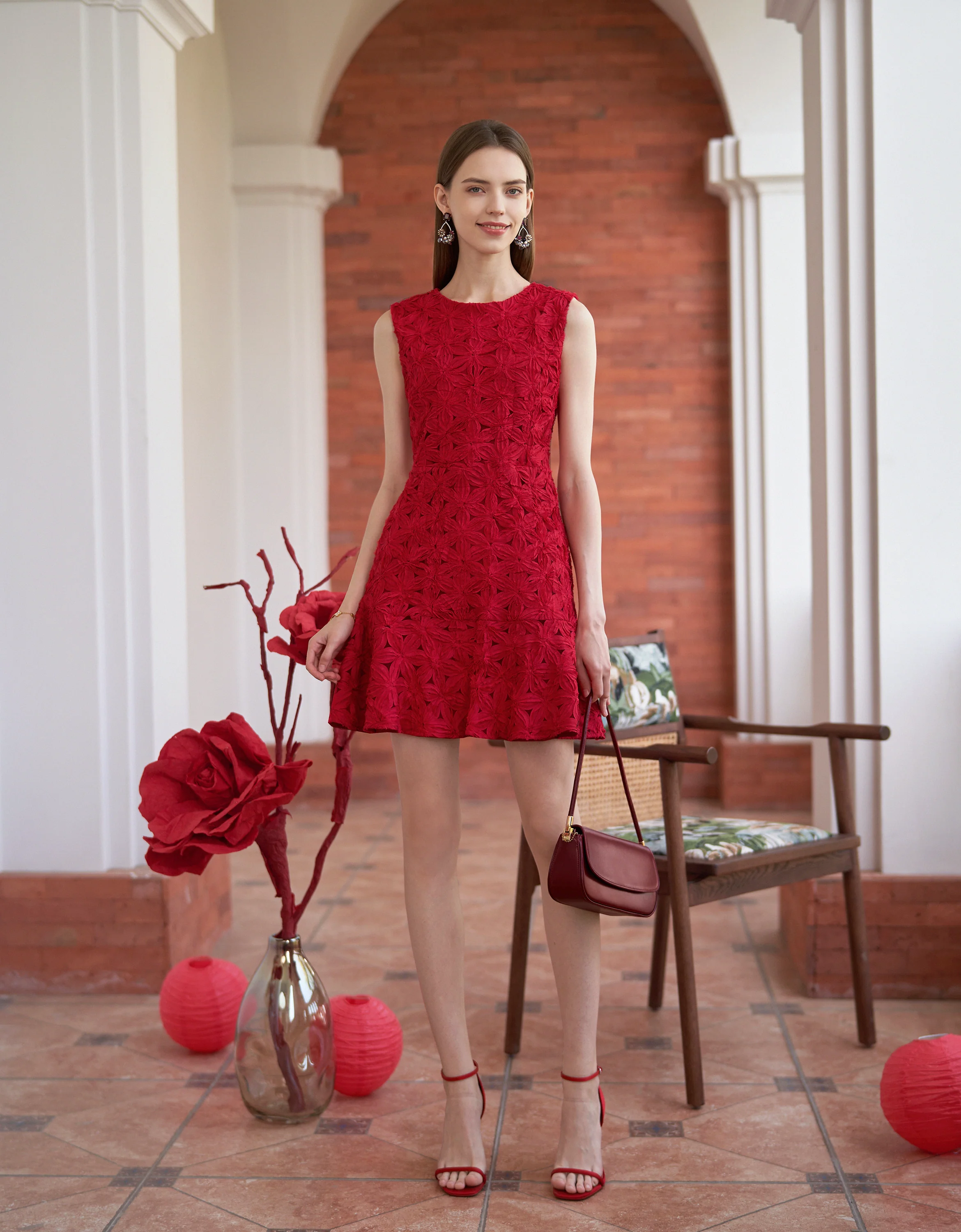 Openwork Floral Embroidery Sleeveless Dress