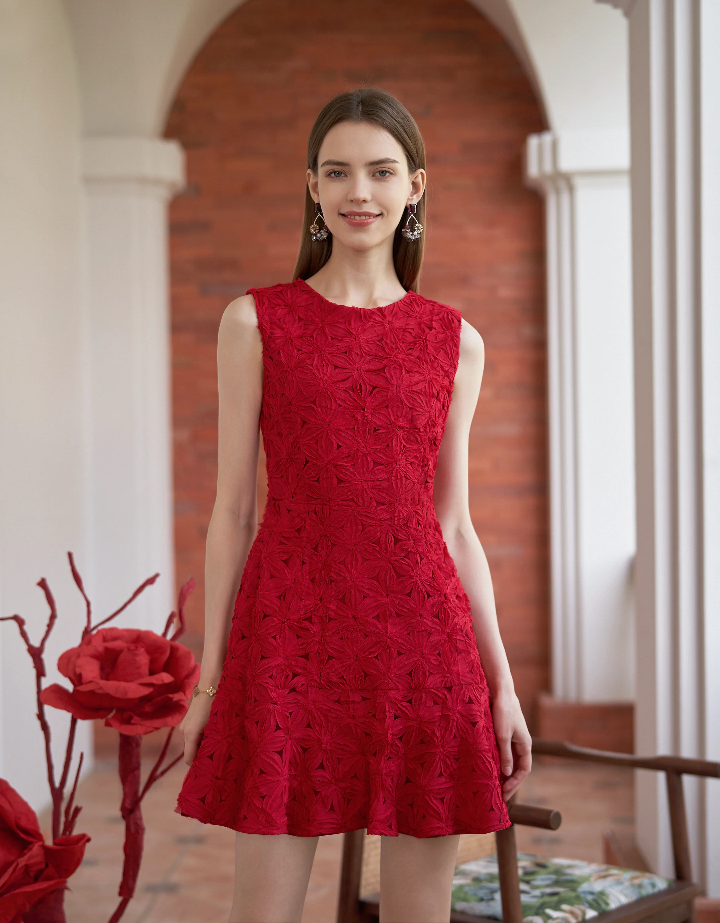 Openwork Floral Embroidery Sleeveless Dress - Image 2