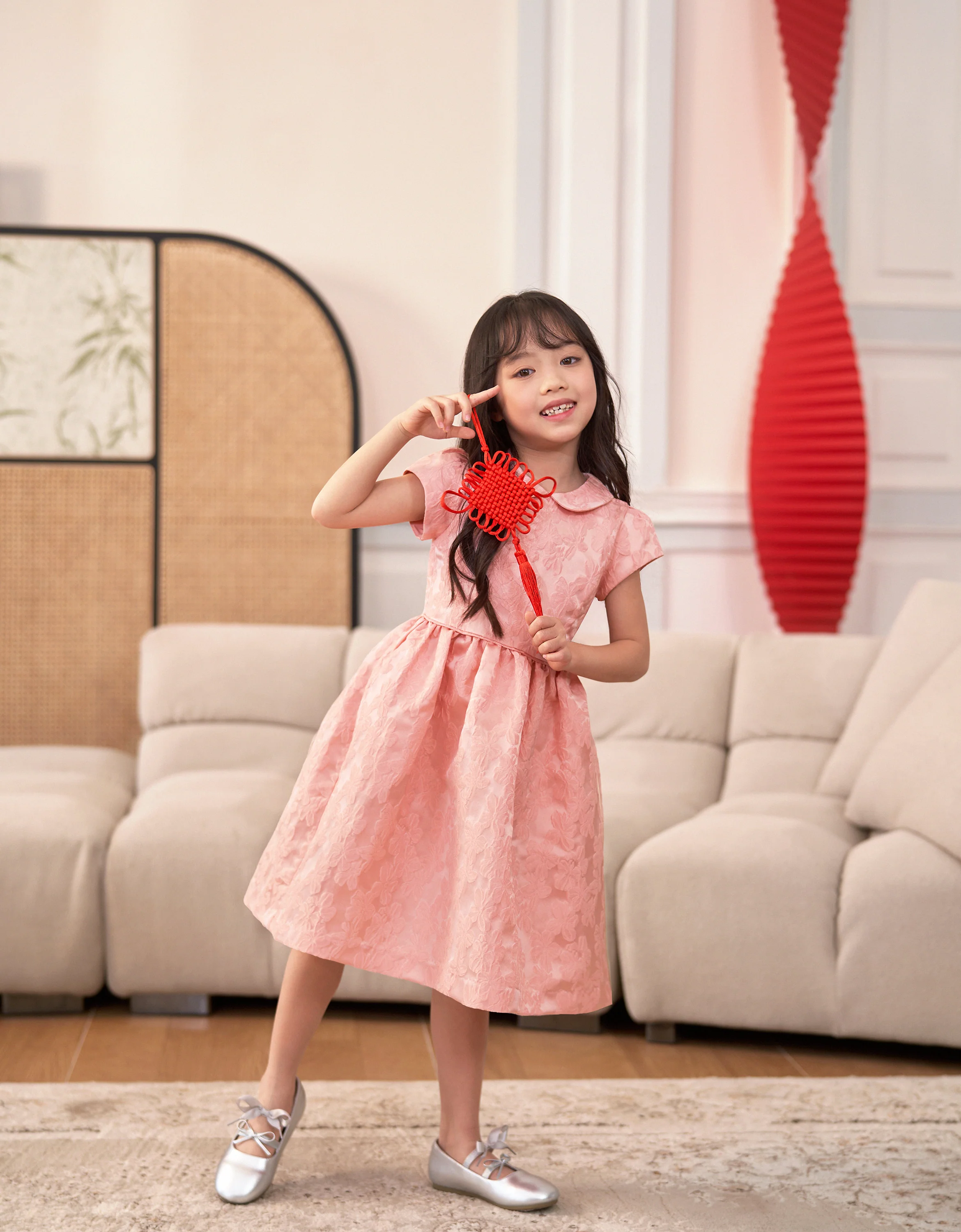 Peter Pan Collar Cap Sleeves Jacquard Dress - Image 2