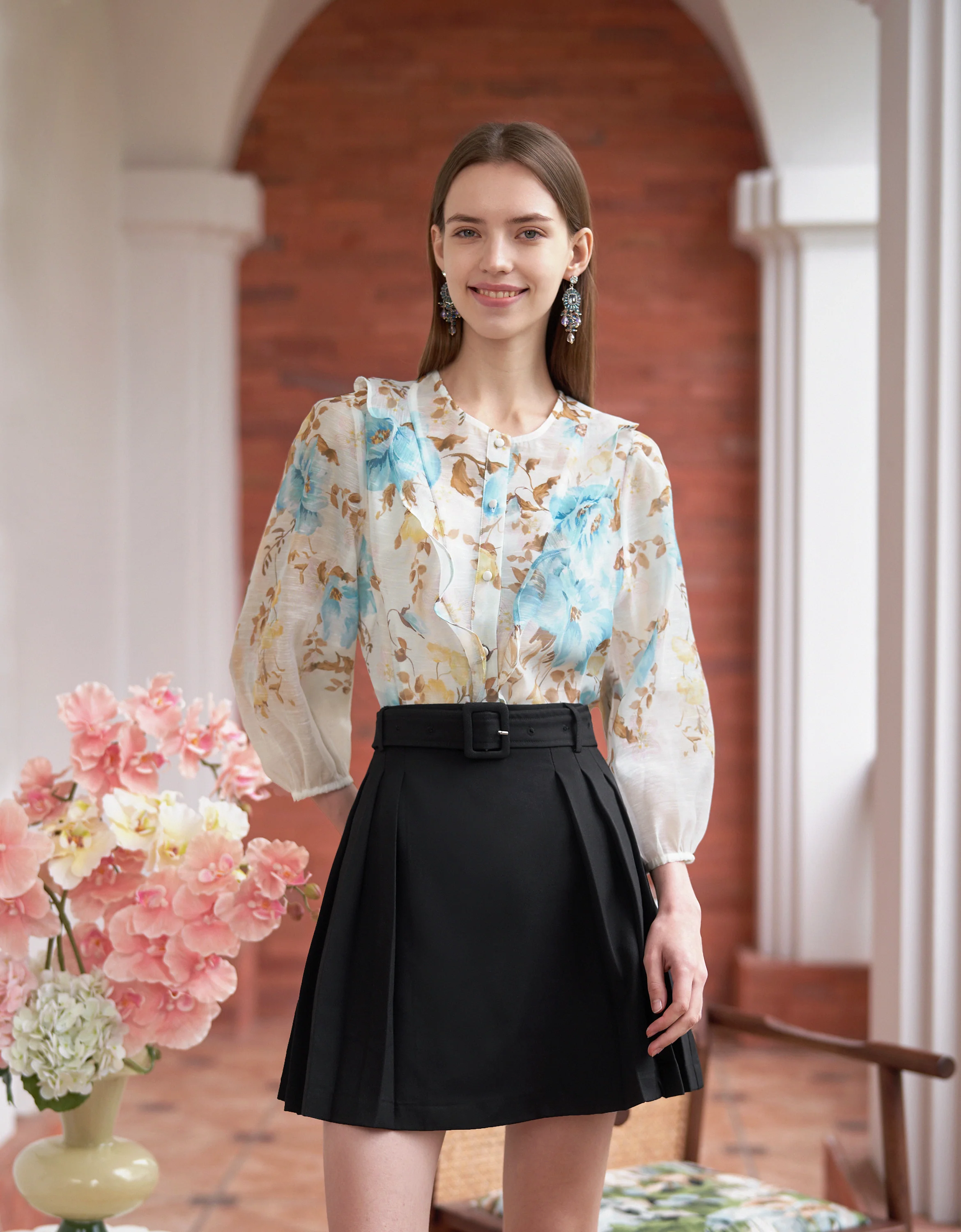 Pleated A-line Belted Skirt