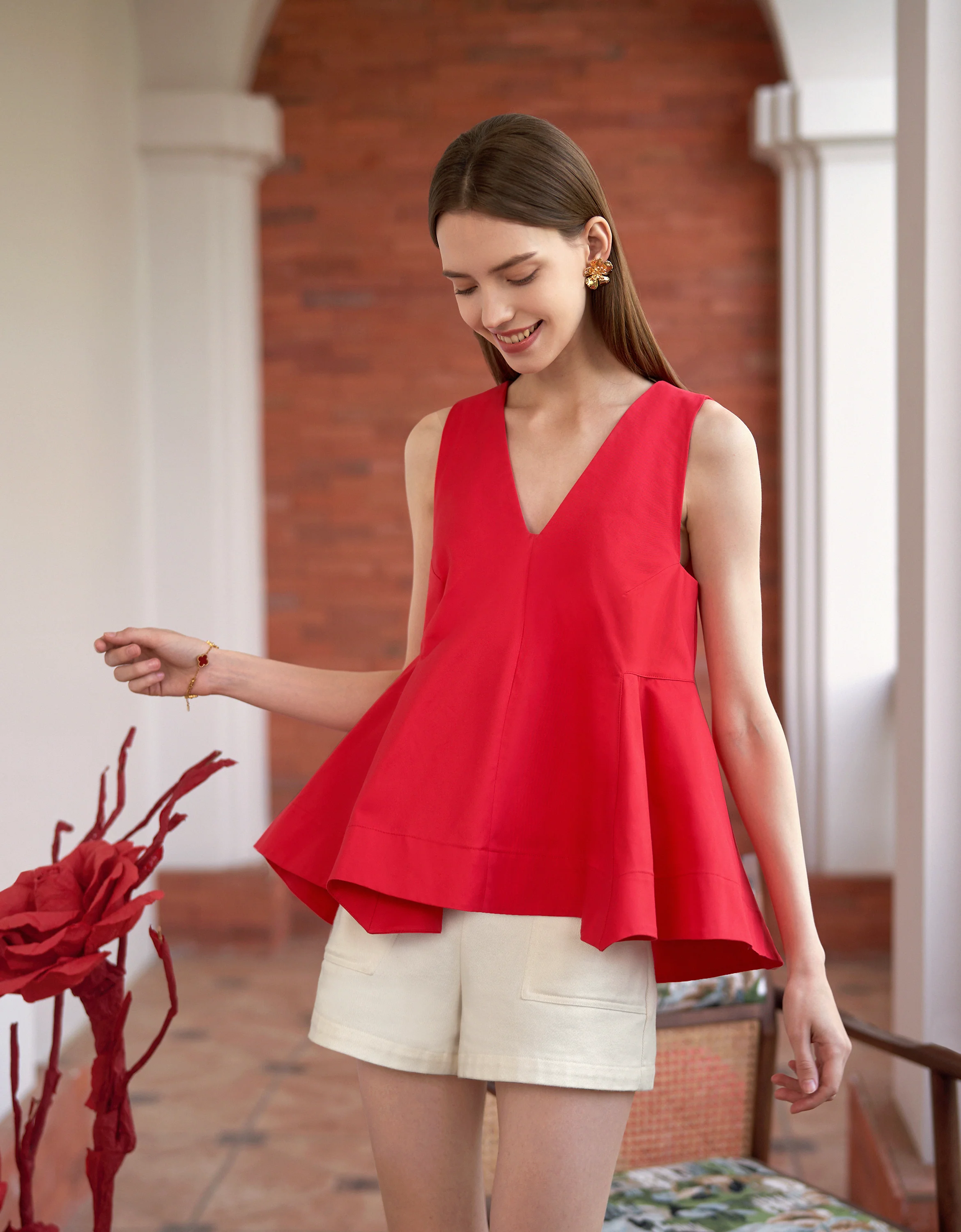 Pleated Detail Overlap Back Sleeveless Top