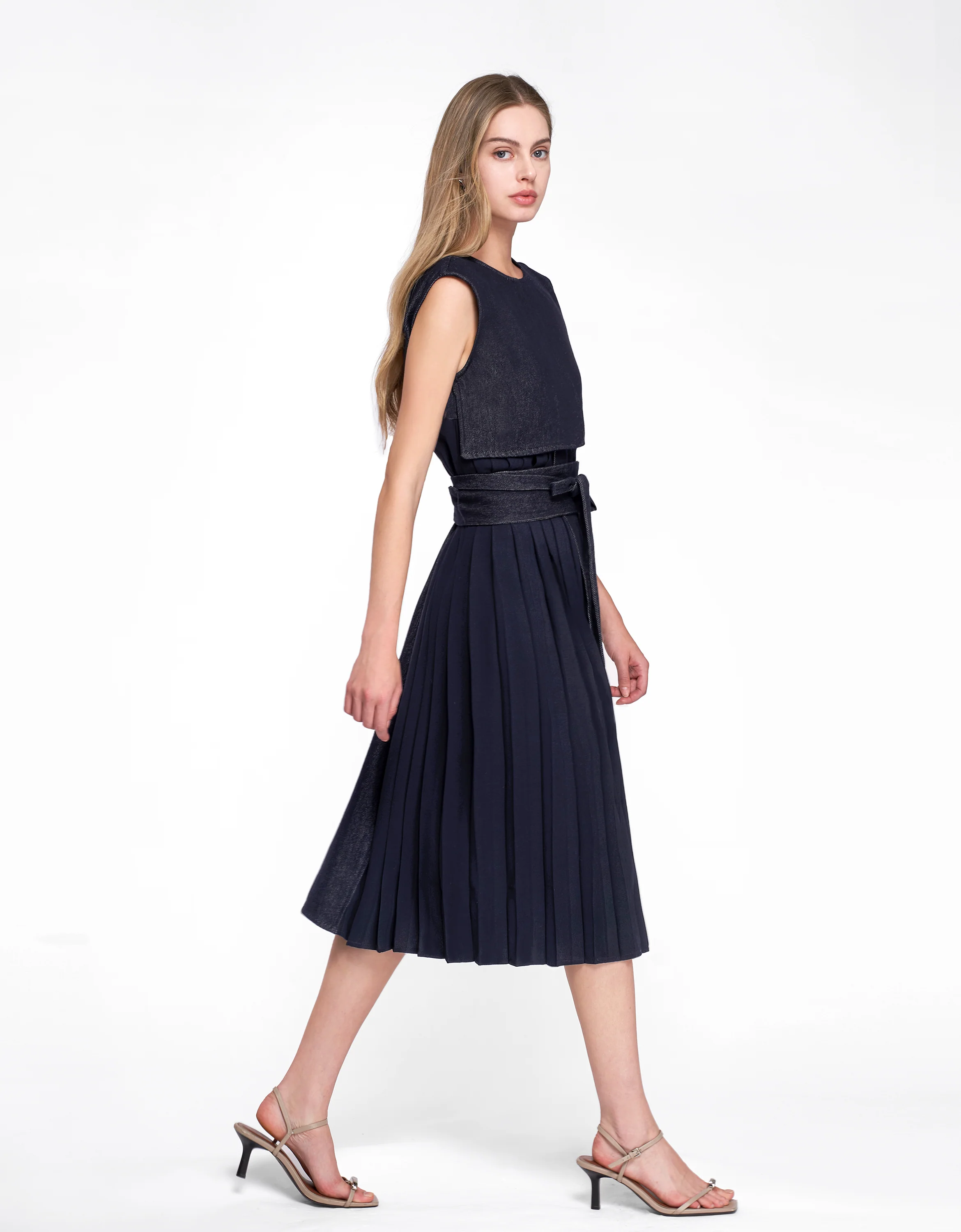 Pleated Panel Denim Midi Dress - Image 10
