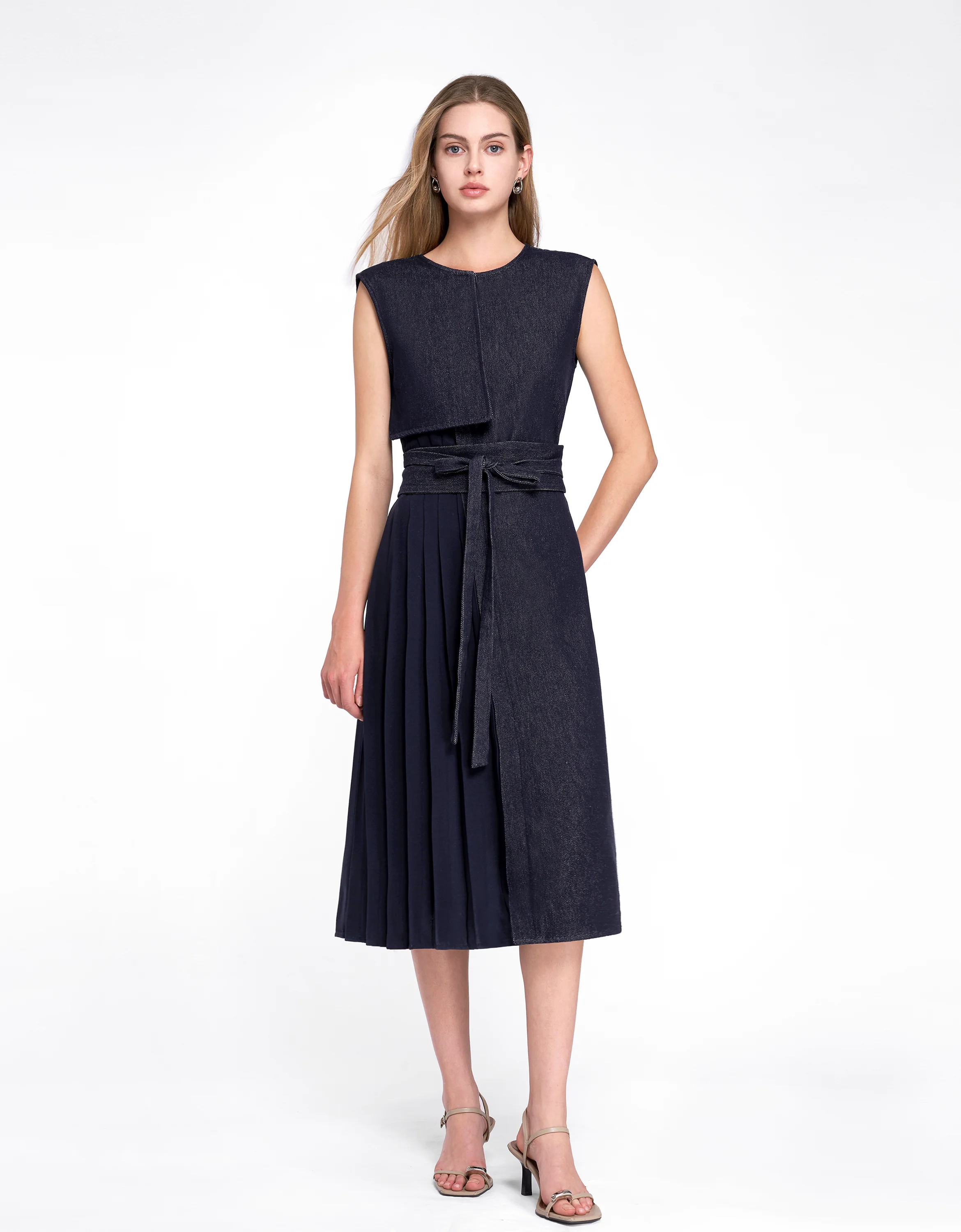 Pleated Panel Denim Midi Dress - Image 12