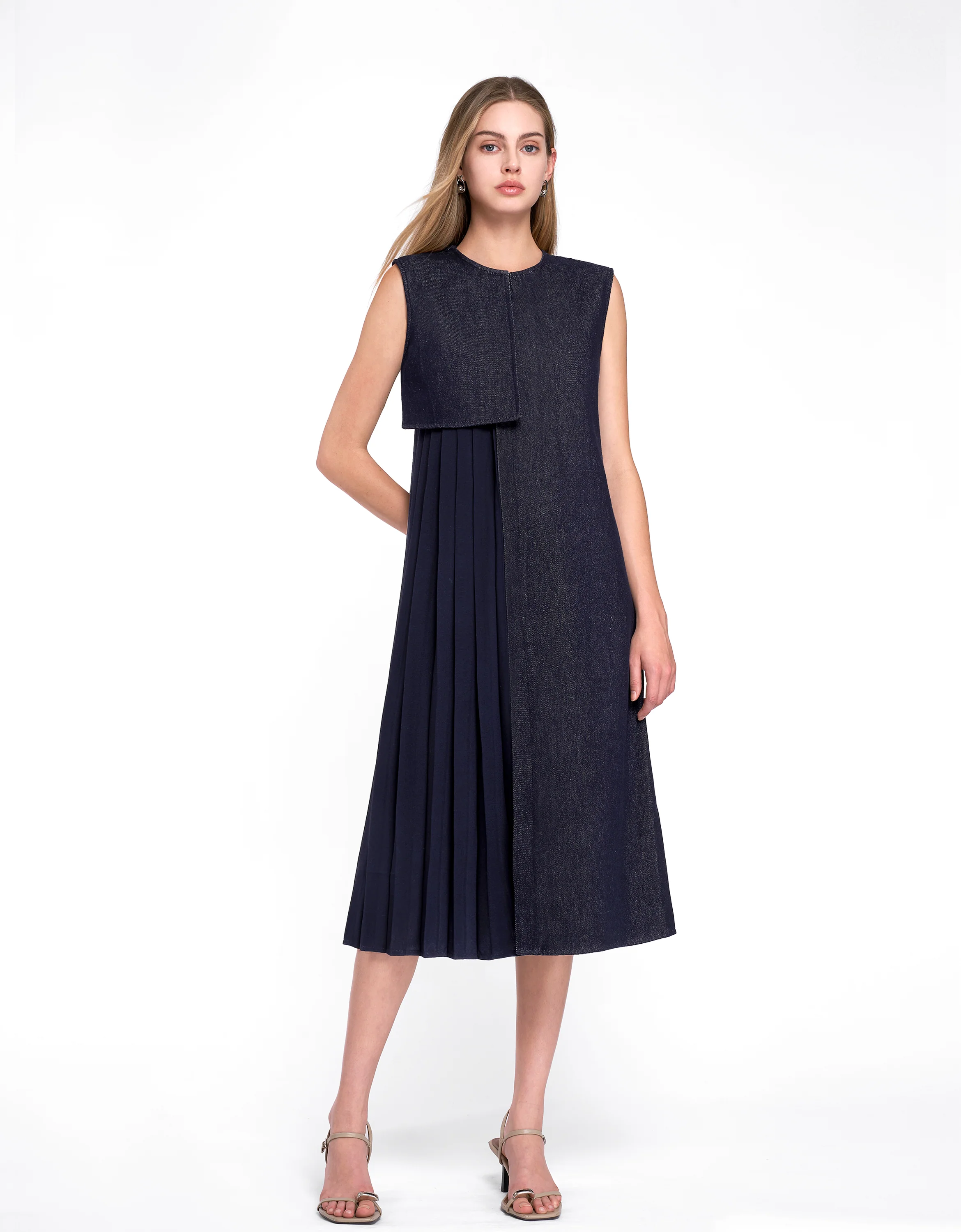 Pleated Panel Denim Midi Dress - Image 14