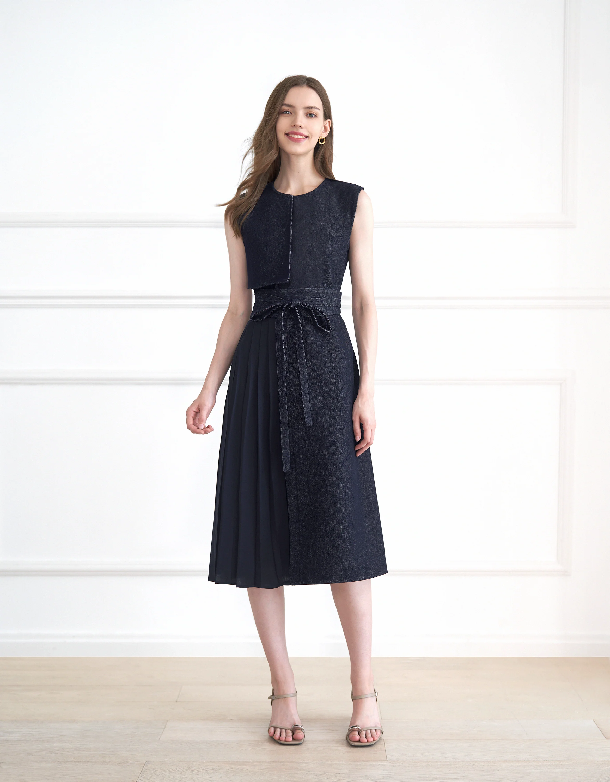 Pleated Panel Denim Midi Dress - Image 8