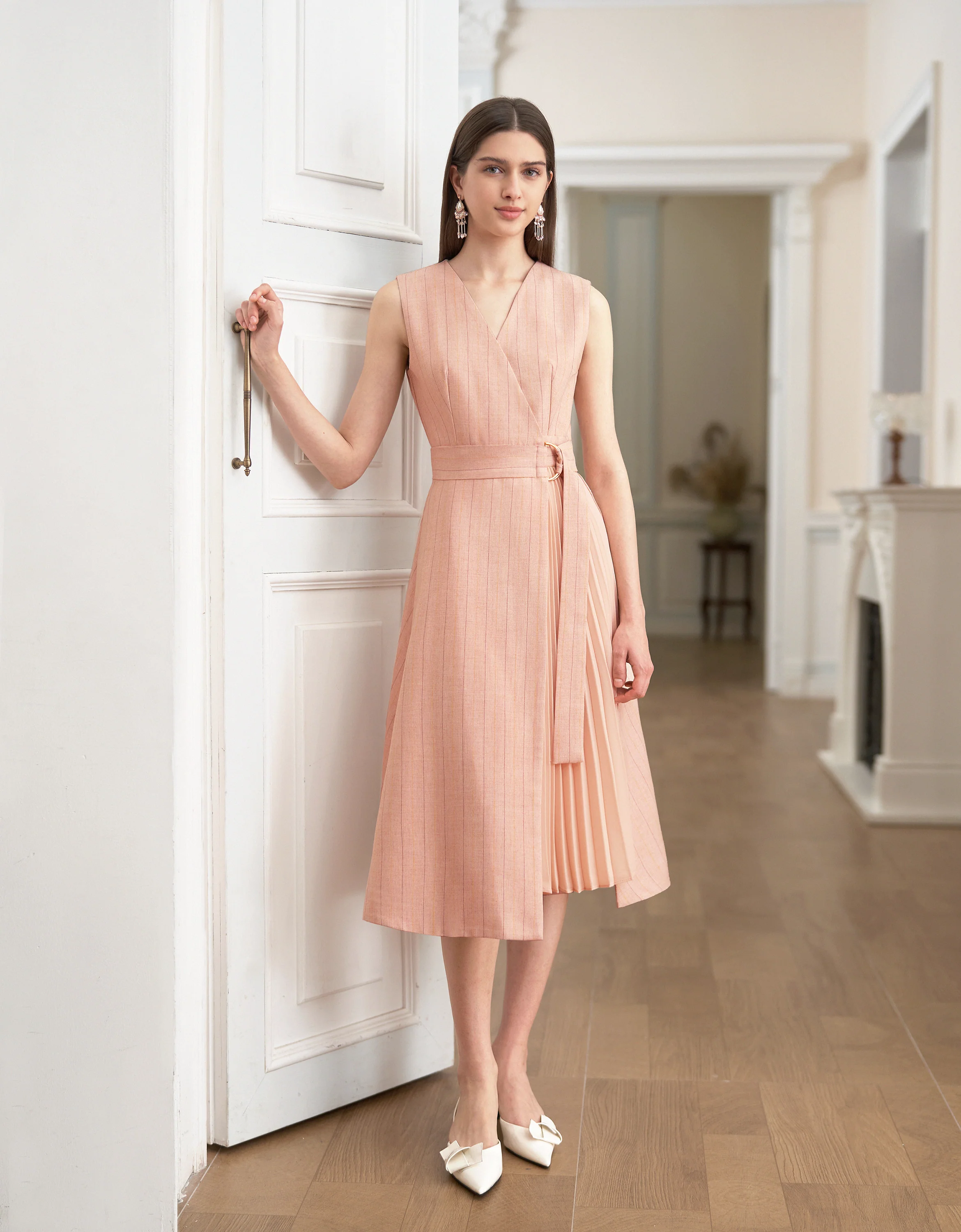 Pleated Panel Wrap Front Sleeveless Dress