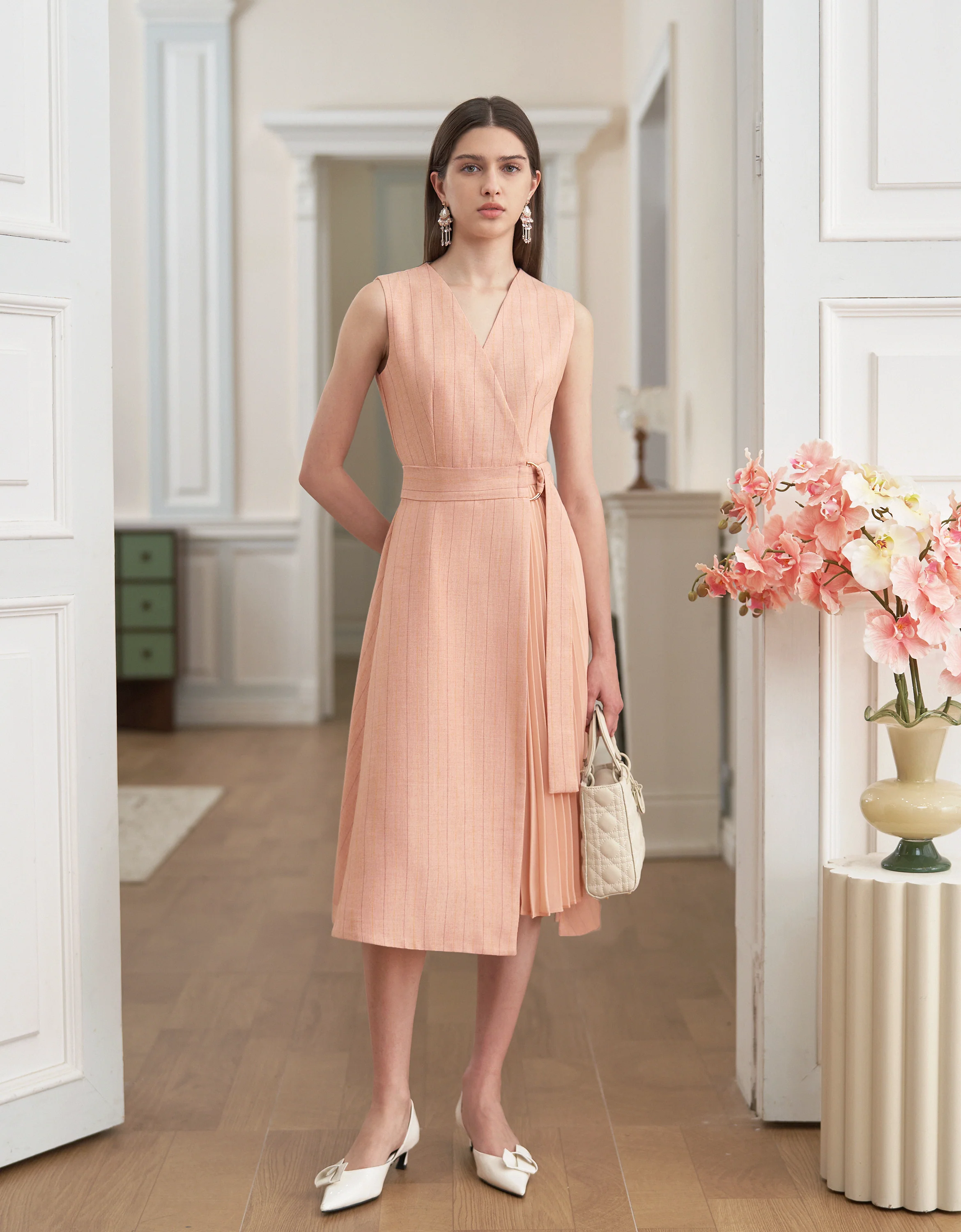 Pleated Panel Wrap Front Sleeveless Dress - Image 2