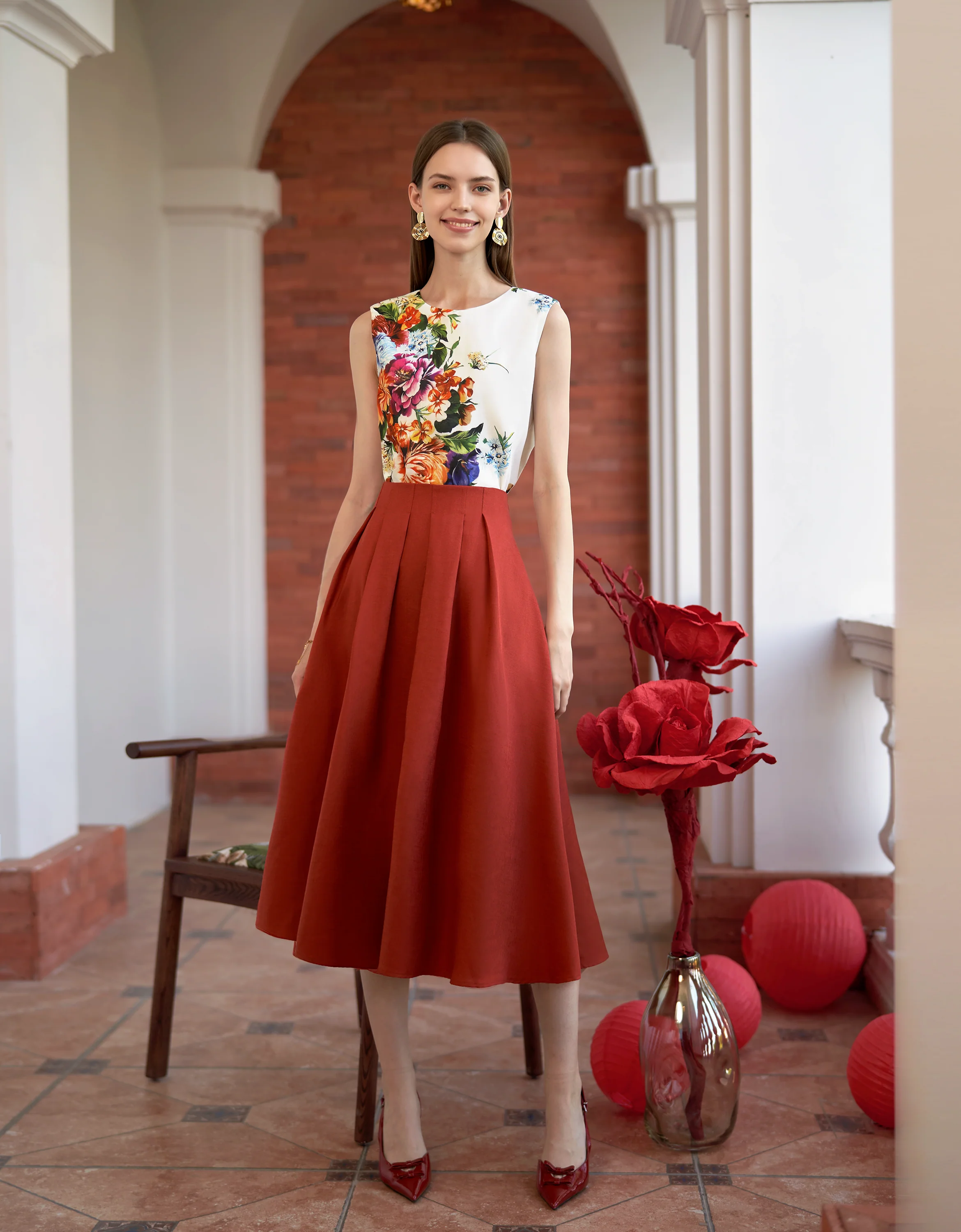 Pleated Waist A-line Skirt