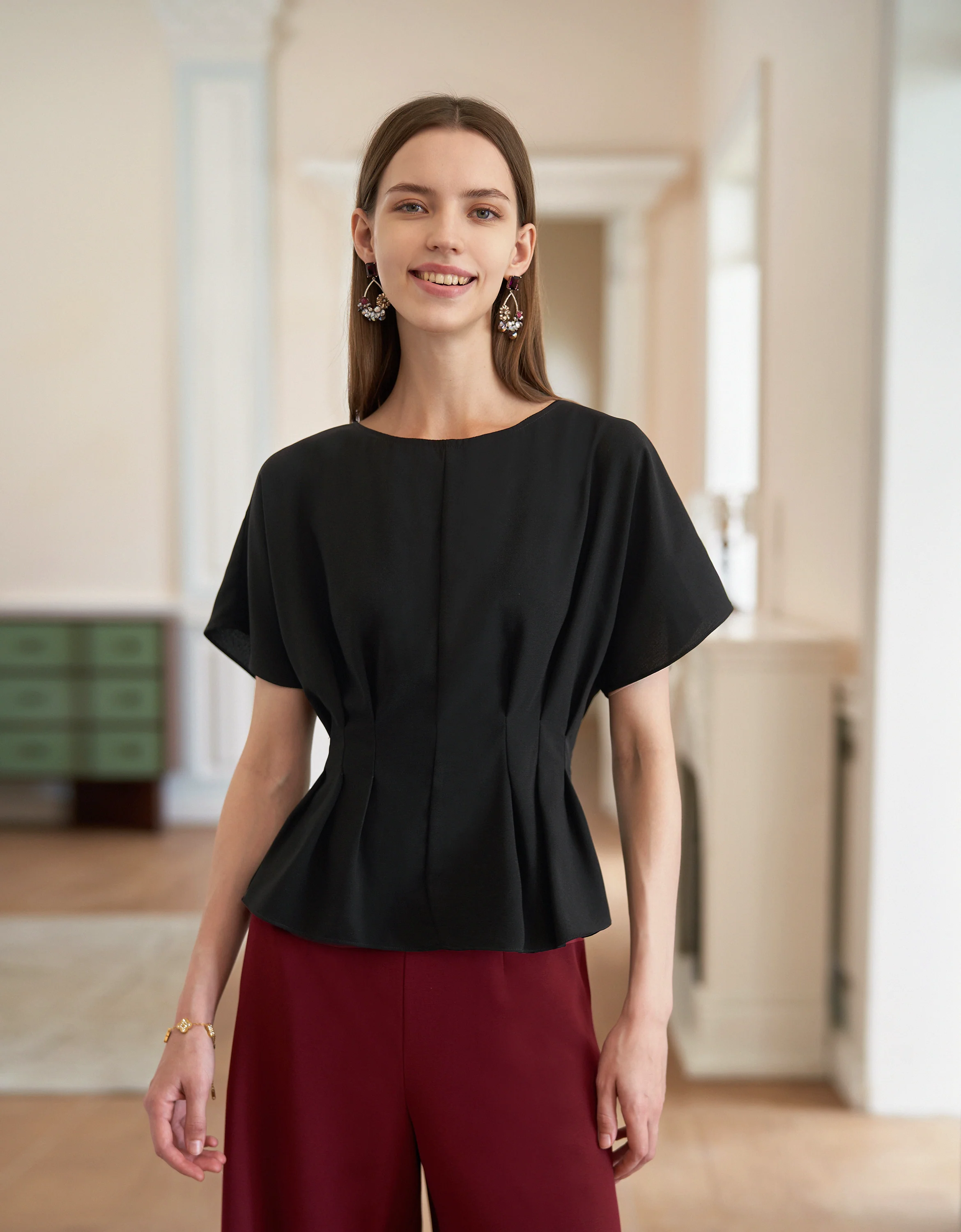 Pleated Waist Round Neck Short Sleeve Top - Image 17