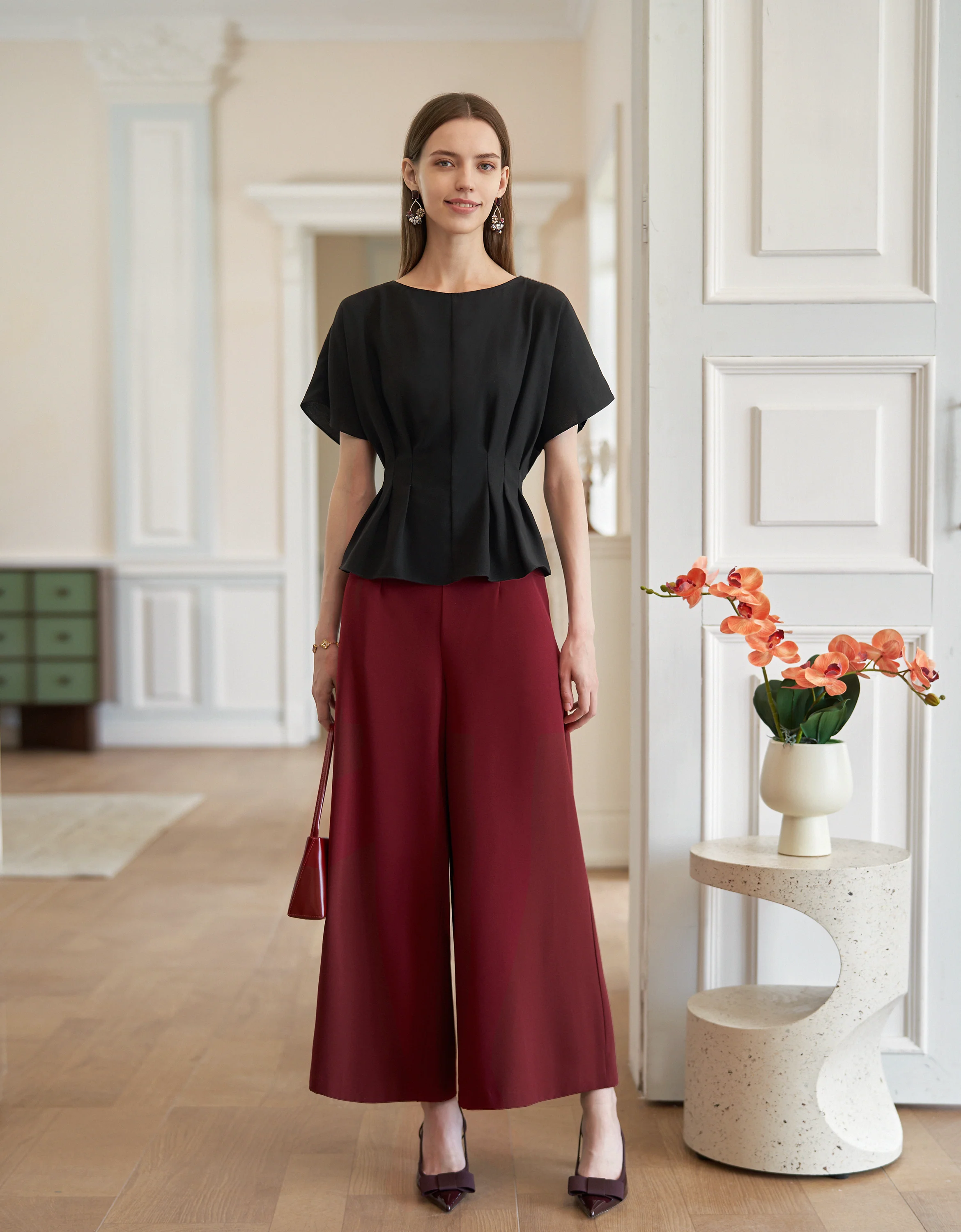 Pleated Waist Round Neck Short Sleeve Top - Image 18